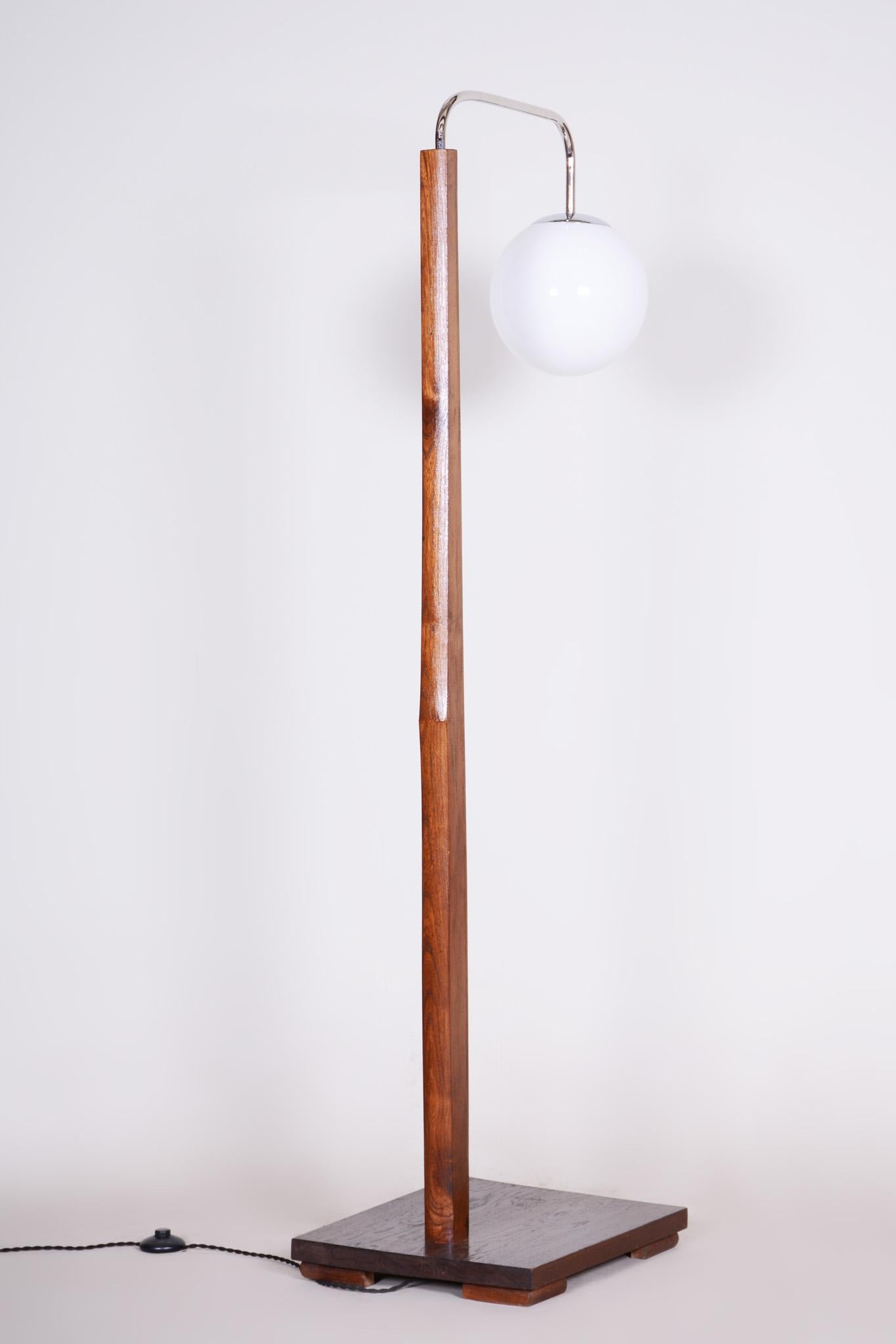 Early 20th Century Czech Floor Lamp, Milk Glass, Oak and chrome, 1930s, Restored 6