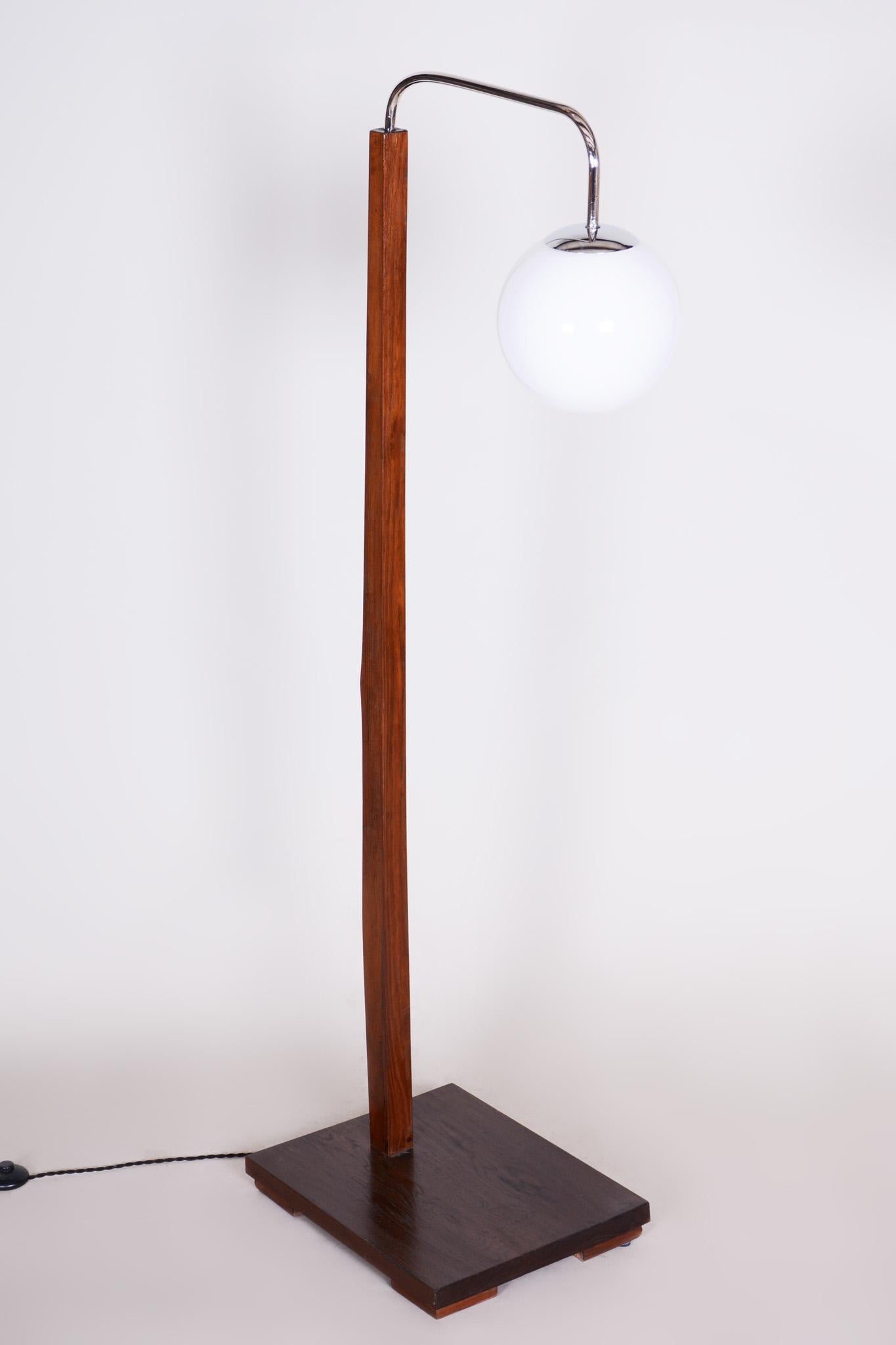 Early 20th Century Czech Floor Lamp, Milk Glass, Oak and chrome, 1930s, Restored 3