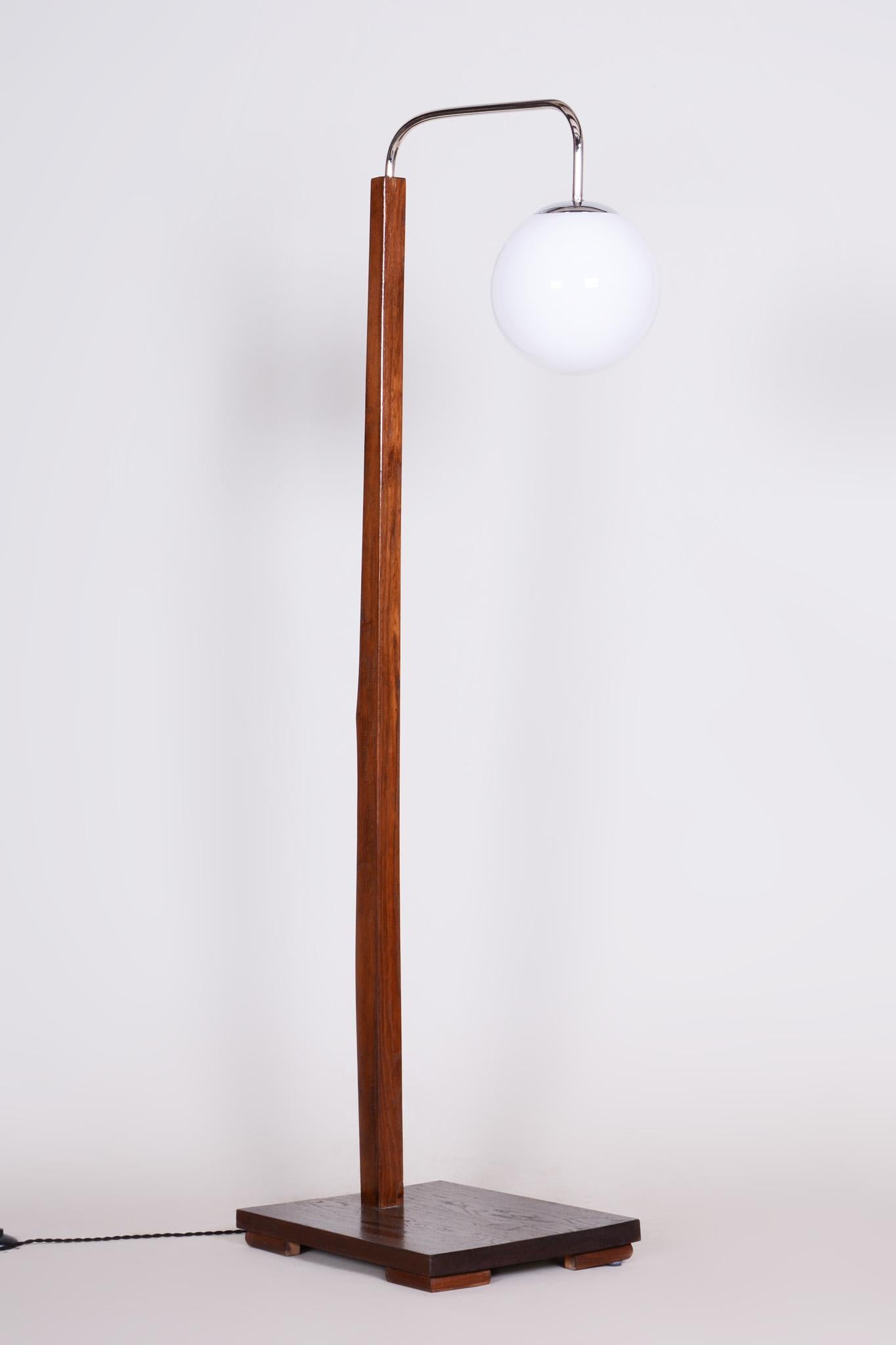 Early 20th Century Czech Floor Lamp, Milk Glass, Oak and chrome, 1930s, Restored 4