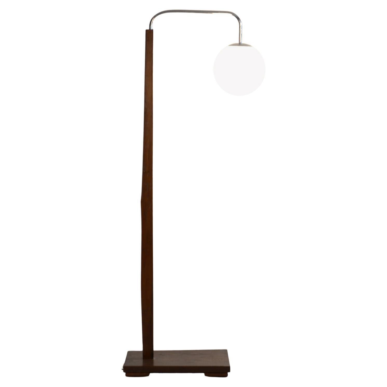 Early 20th Century Czech Floor Lamp, Milk Glass, Oak and chrome, 1930s, Restored