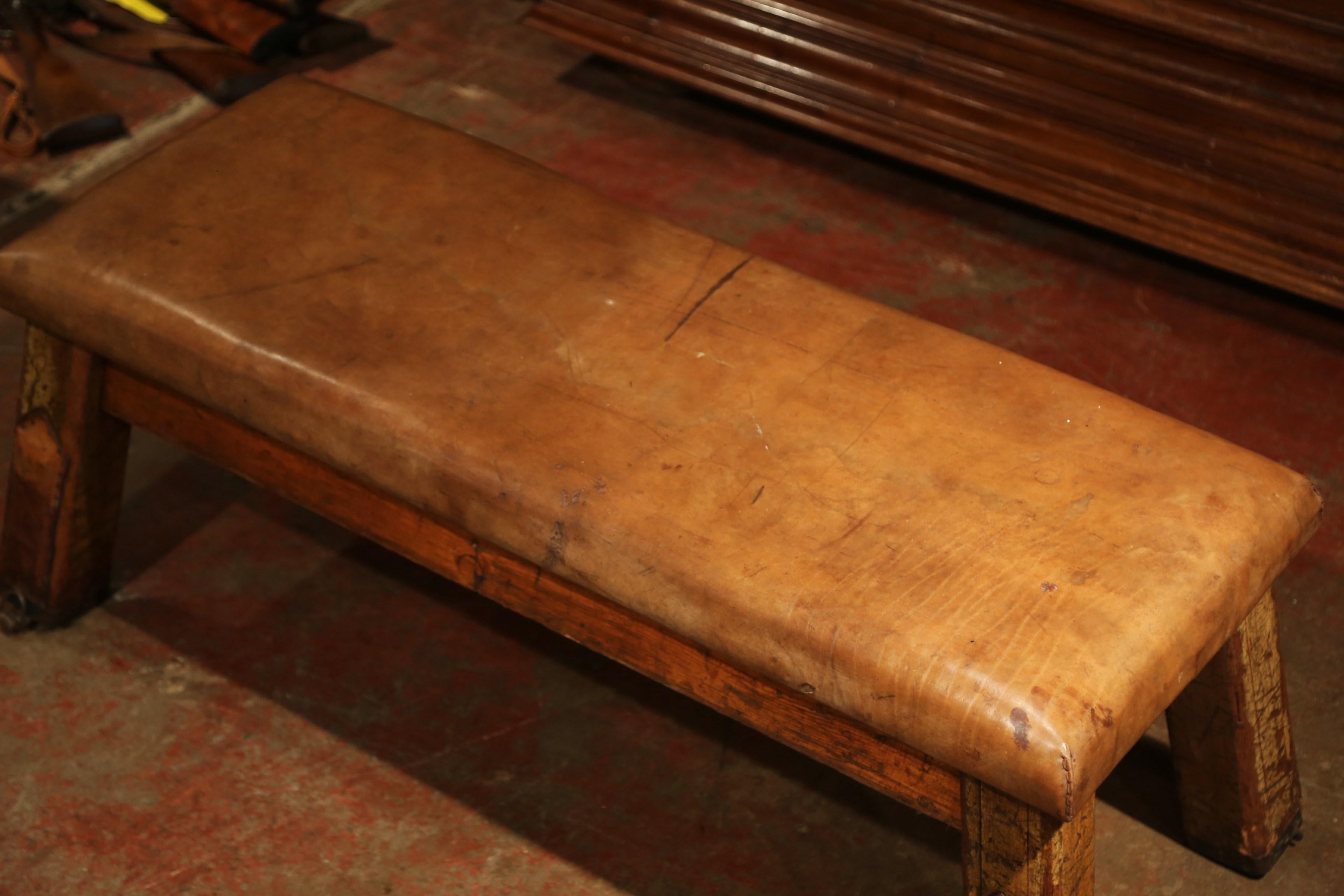 Hand-Carved Early 20th Century Czech Four-Leg Brown Leather Training Bench