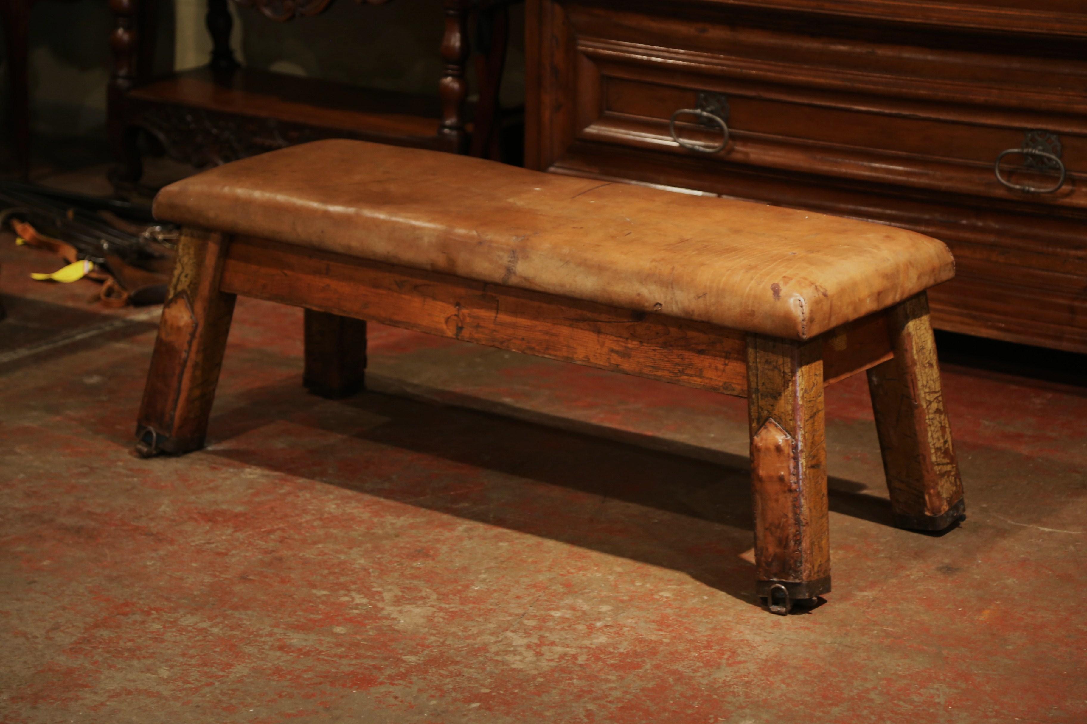 Early 20th Century Czech Four-Leg Brown Leather Training Bench In Excellent Condition In Dallas, TX