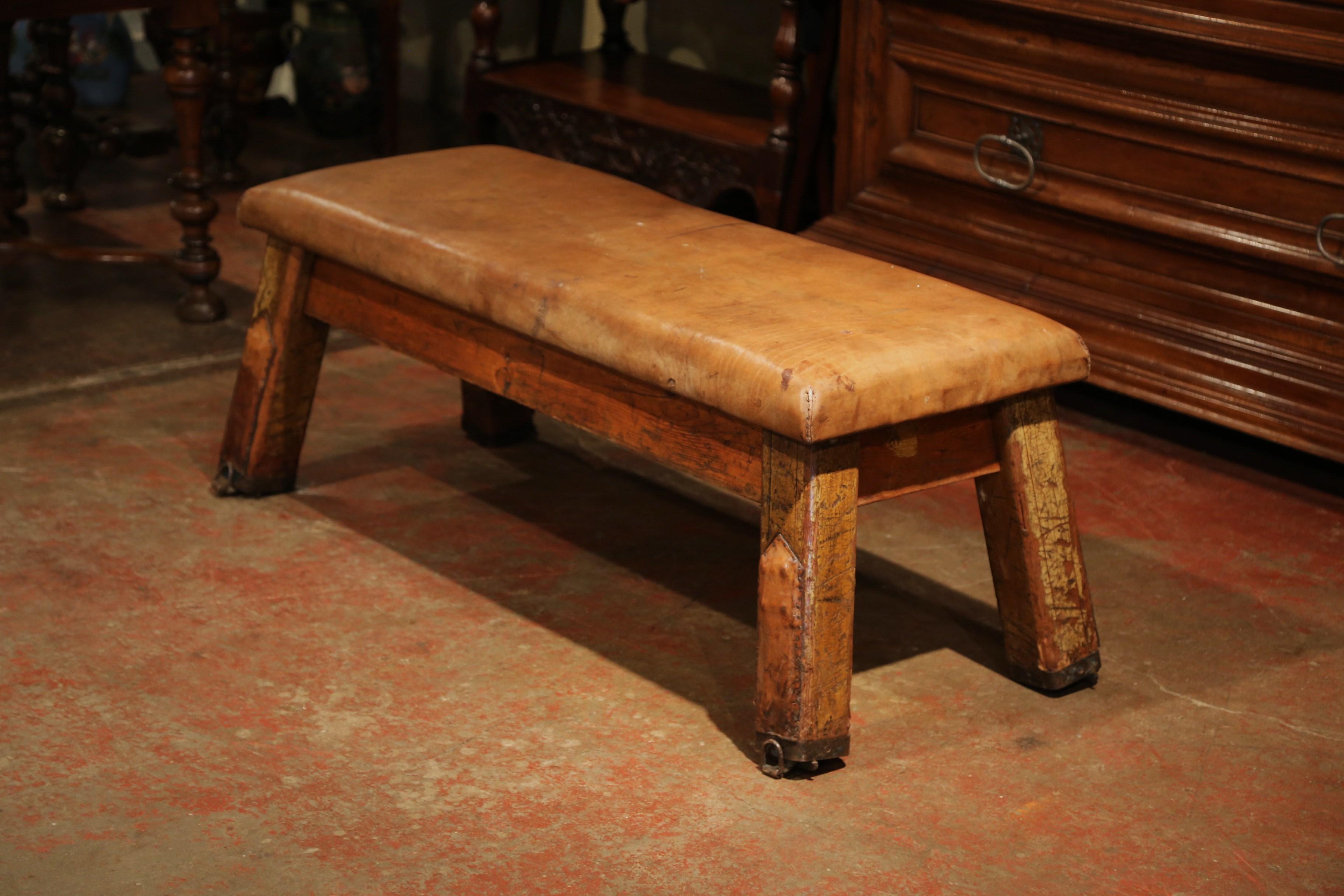 Early 20th Century Czech Four-Leg Brown Leather Training Bench 1