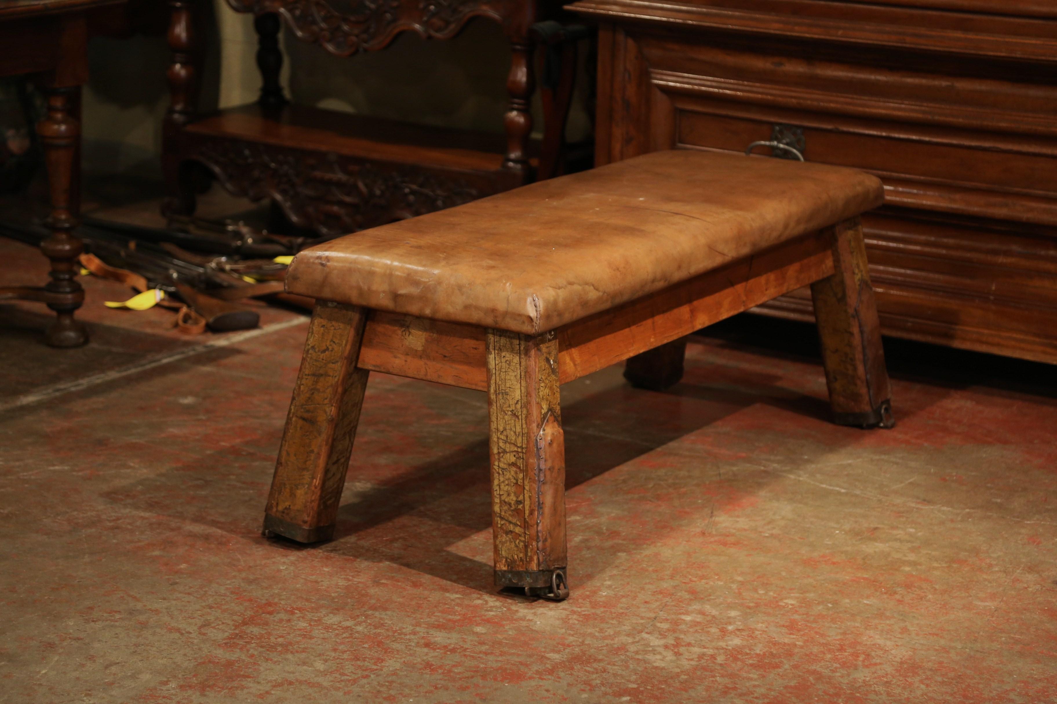 Early 20th Century Czech Four-Leg Brown Leather Training Bench 2
