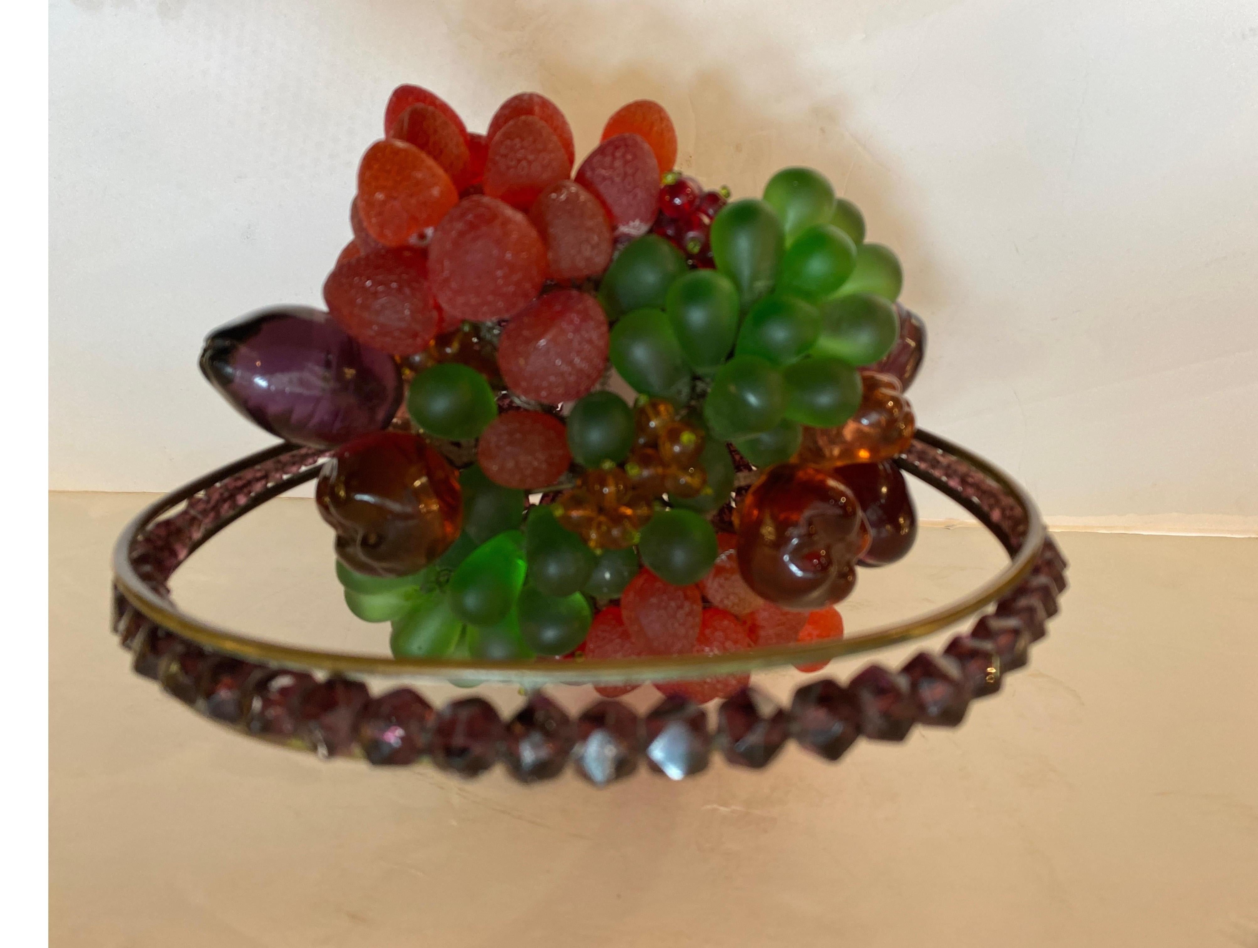 Brass Early 20th Century Czech Glass Beaded Fruit Basket Form Lamp For Sale