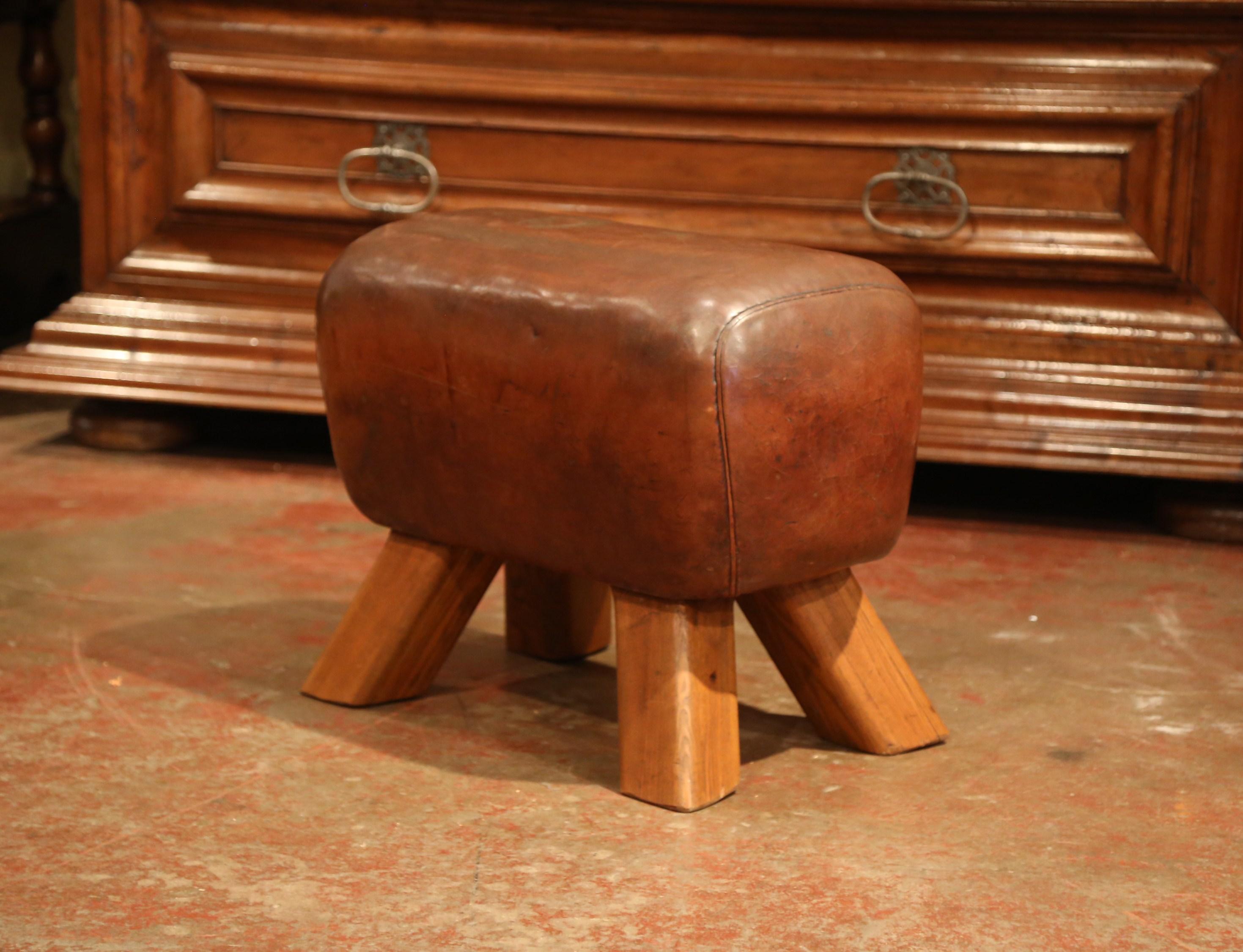 Hand-Crafted Early 20th Century Czech Patinated Brown Leather Pommel Horse Bench Stool