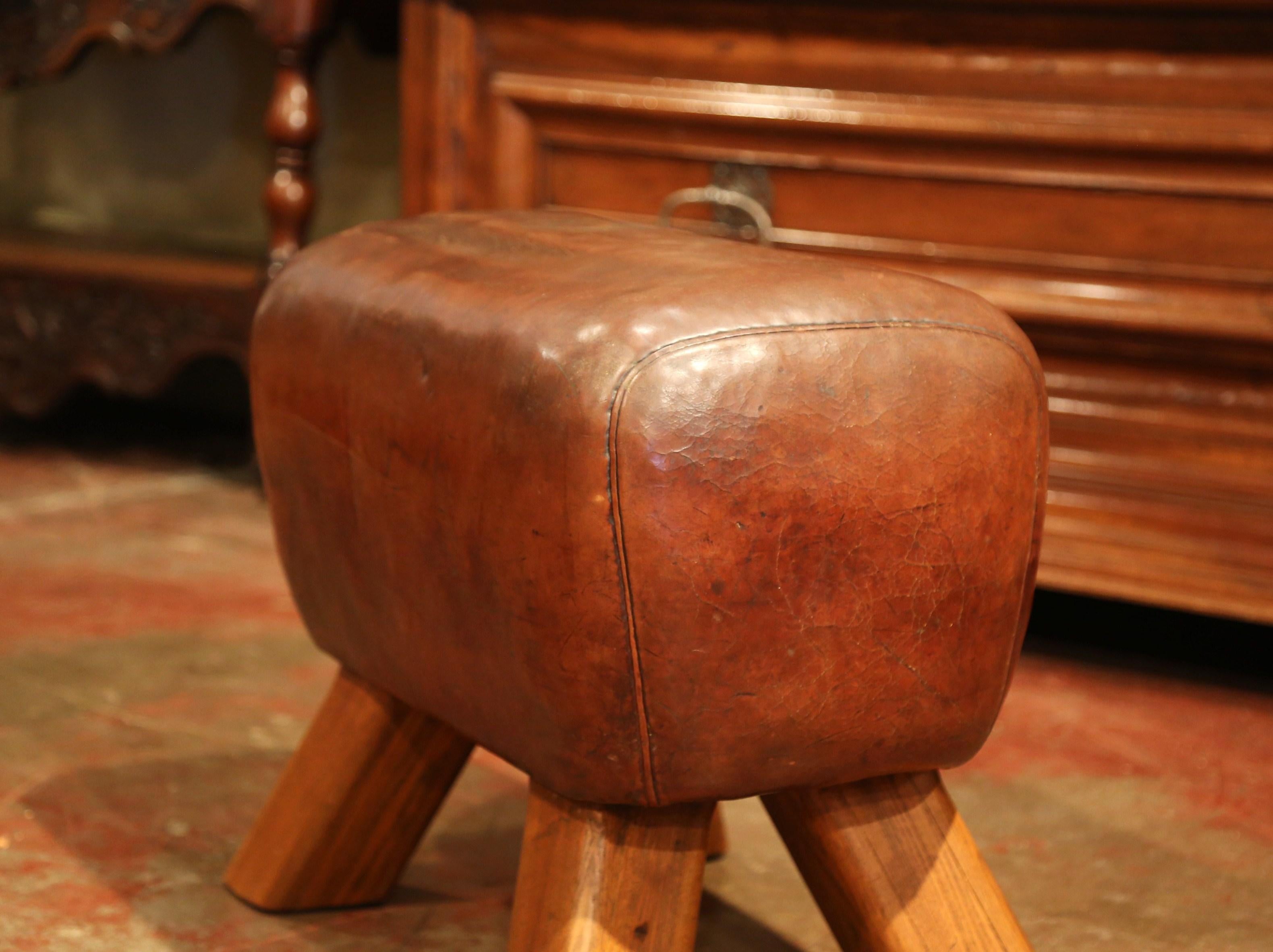 Early 20th Century Czech Patinated Brown Leather Pommel Horse Bench Stool In Excellent Condition In Dallas, TX