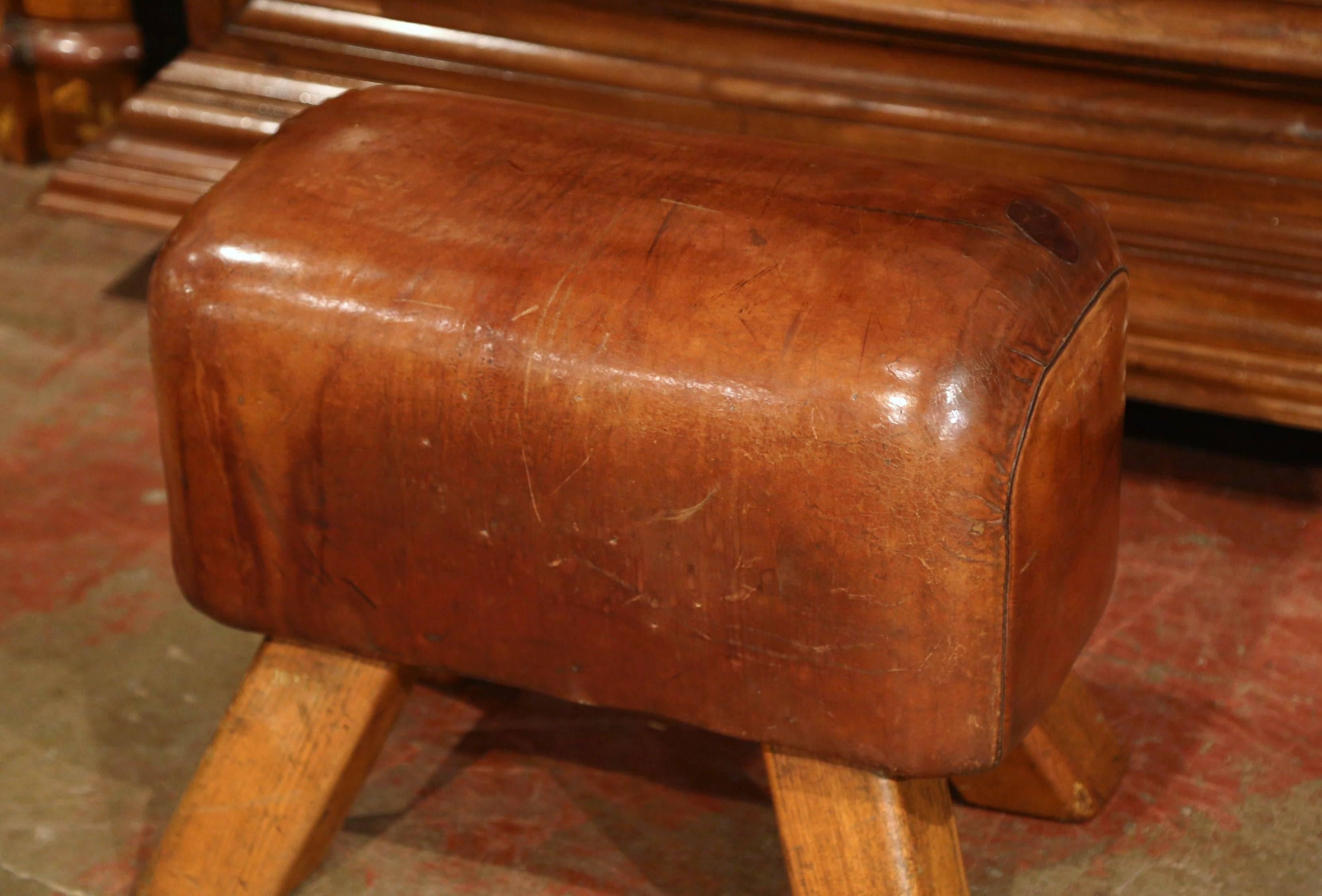 Hand-Carved Early 20th Century Czech Patinated Brown Leather Pommel Horse Bench Stool
