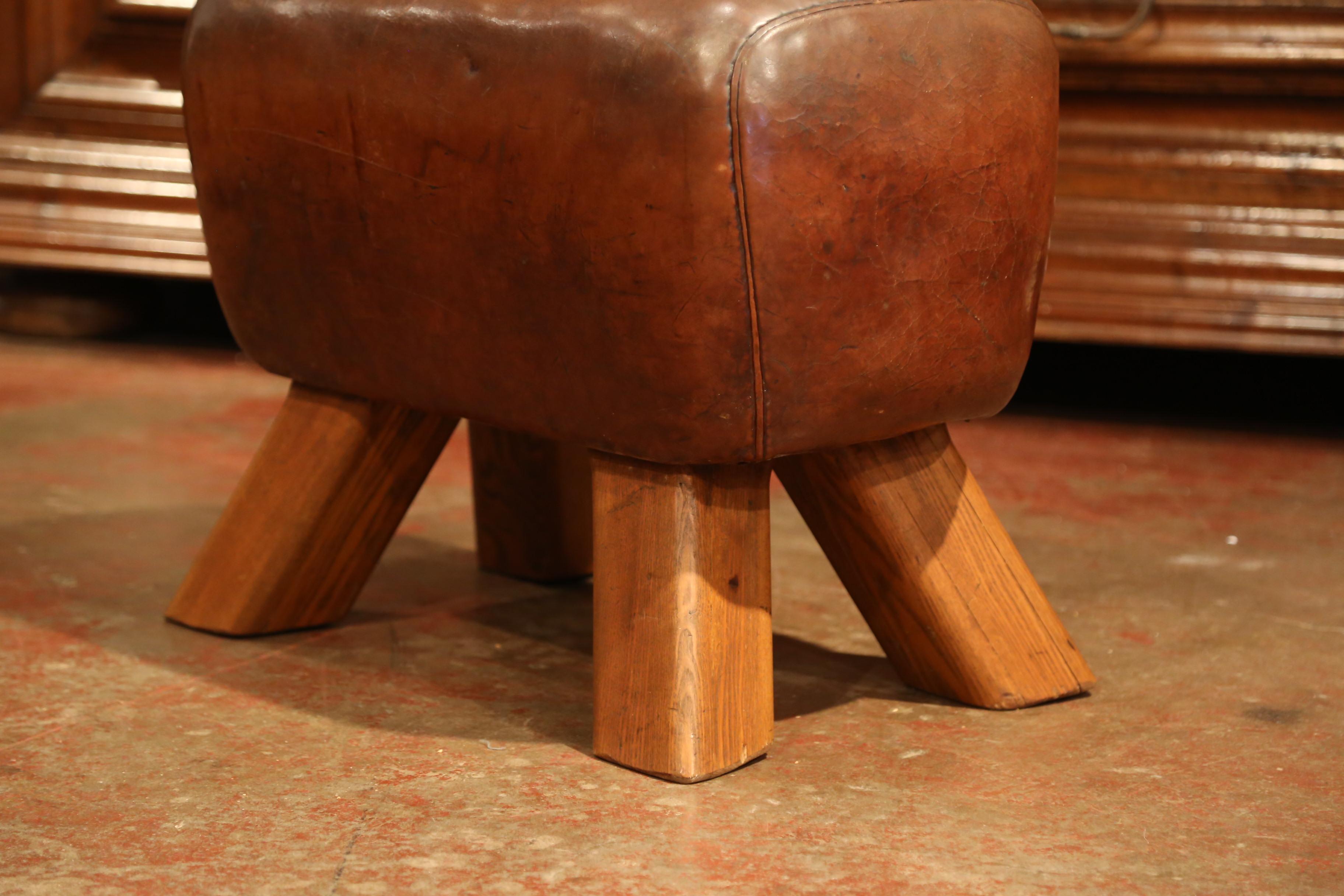 Early 20th Century Czech Patinated Brown Leather Pommel Horse Bench Stool 1