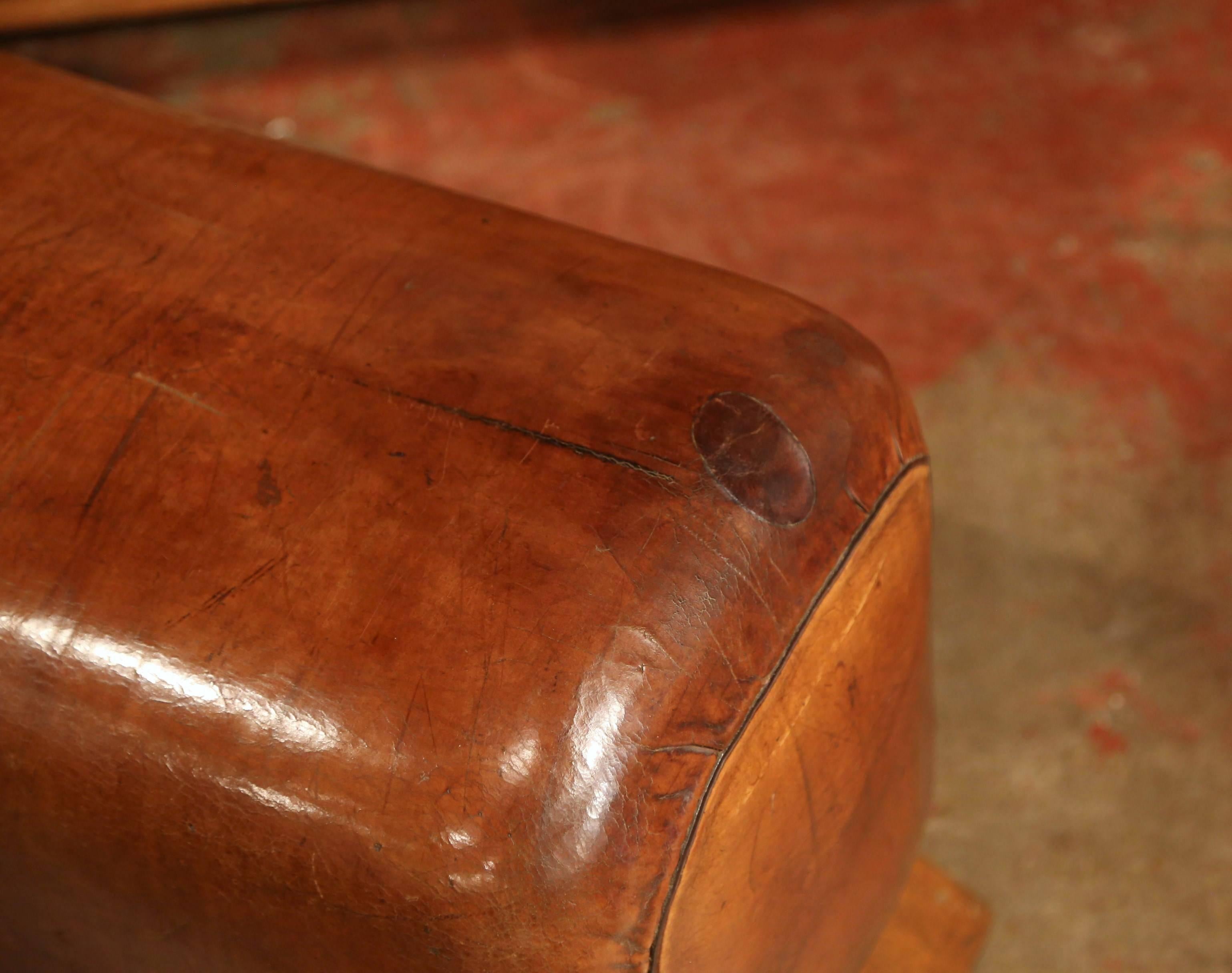 Early 20th Century Czech Patinated Brown Leather Pommel Horse Bench Stool 1