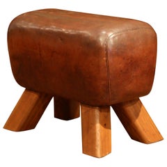 Early 20th Century Czech Patinated Brown Leather Pommel Horse Bench Stool