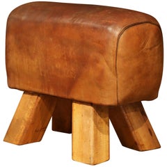Used Early 20th Century Czech Patinated Brown Leather Pommel Horse Bench Stool