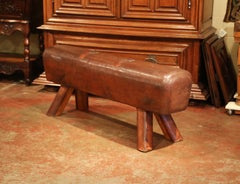 Early 20th Century Czech Pommel Horse Bench with Patinated Brown Leather