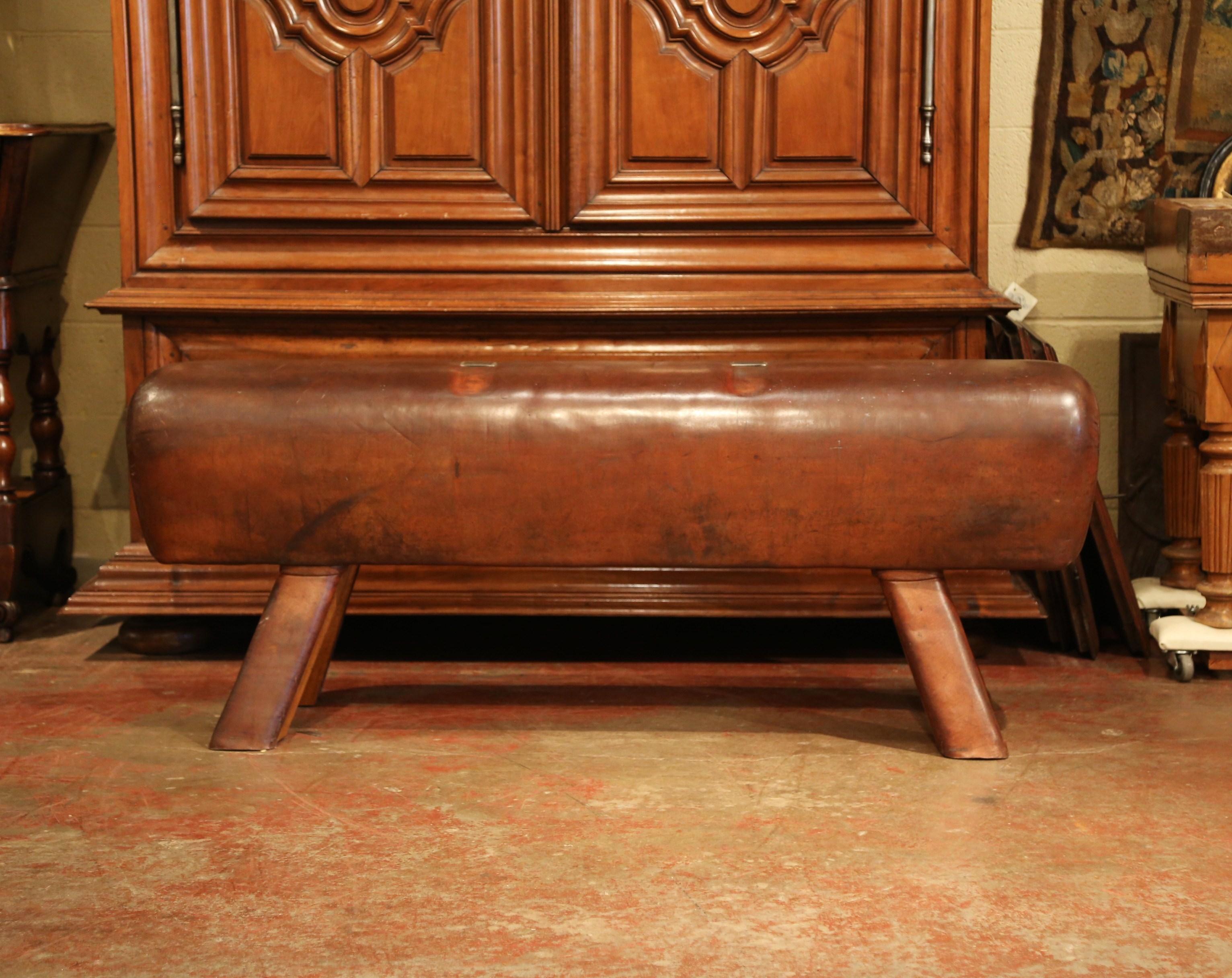 Hand-Crafted Early 20th Century Czech Pommel Horse Bench with Patinated Brown Leather