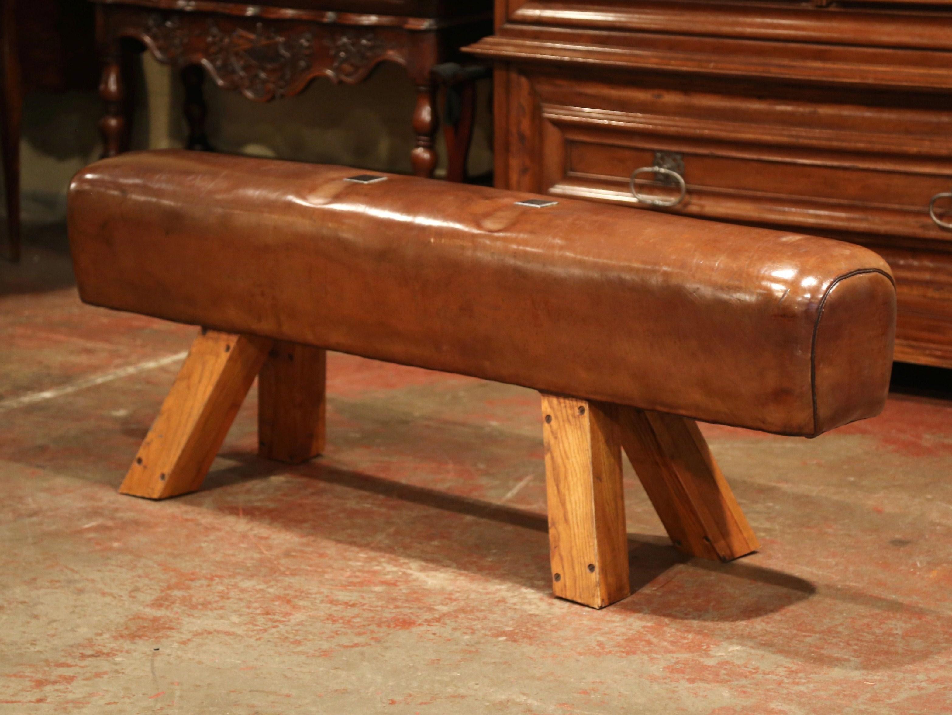 Rustic Early 20th Century Czech Pommel Horse Bench with Patinated Brown Leather