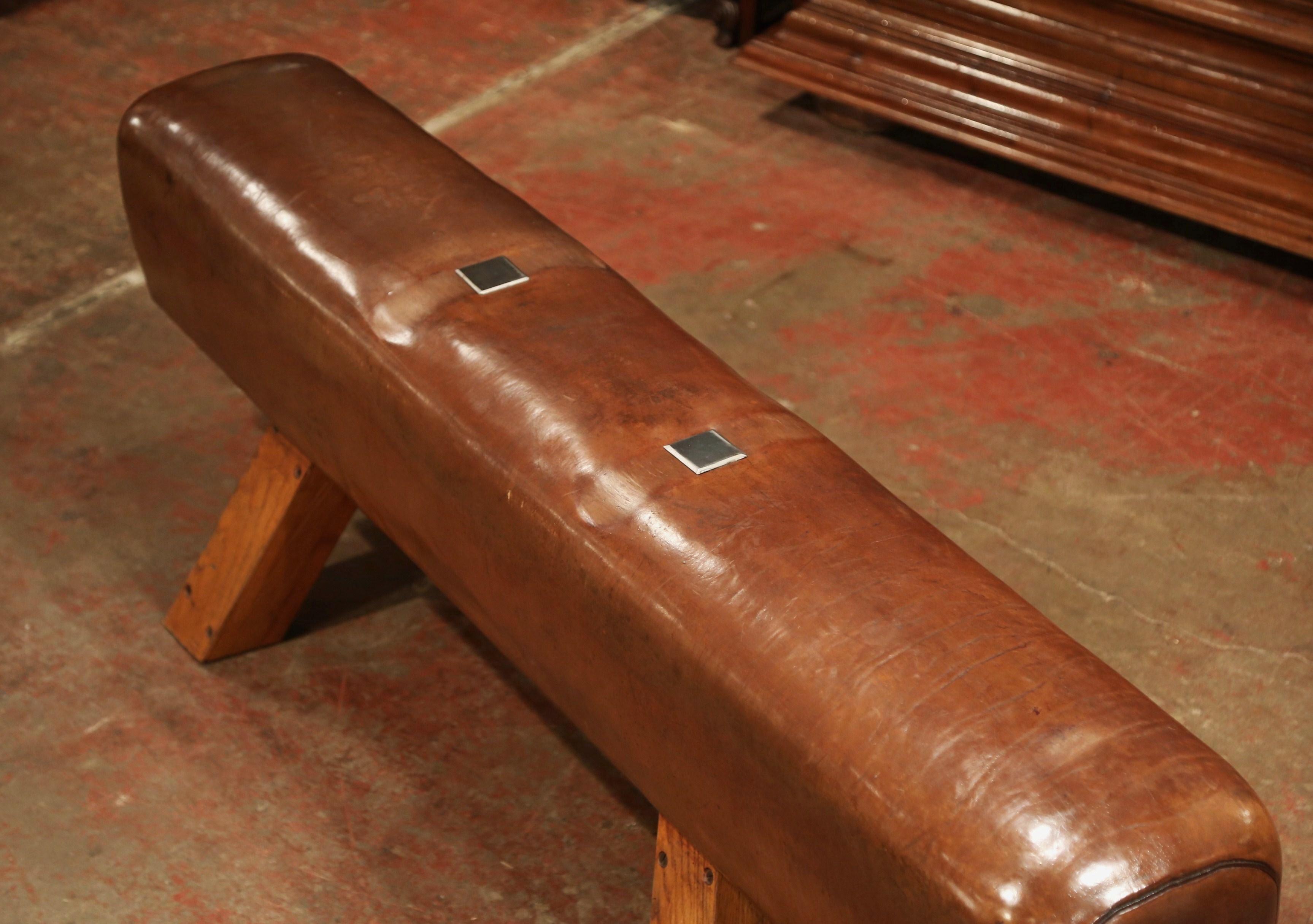 Hand-Carved Early 20th Century Czech Pommel Horse Bench with Patinated Brown Leather