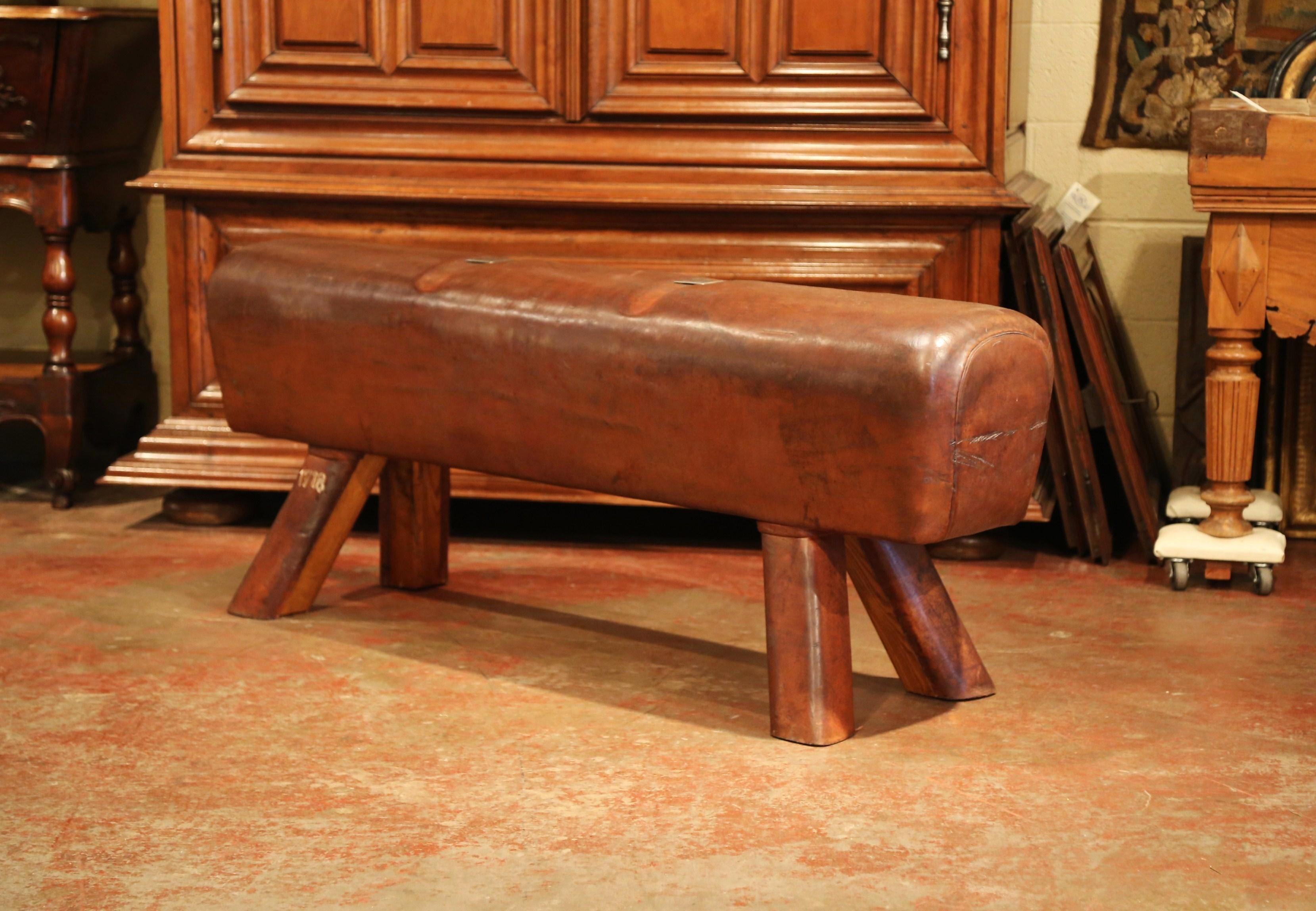 Wood Early 20th Century Czech Pommel Horse Bench with Patinated Brown Leather