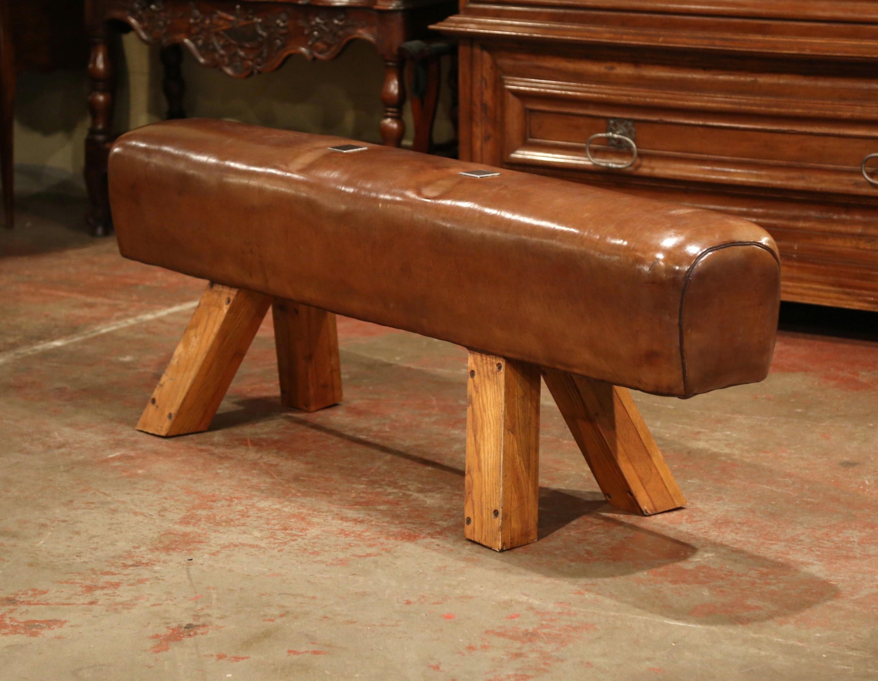 Early 20th Century Czech Pommel Horse Bench with Patinated Brown Leather In Excellent Condition In Dallas, TX