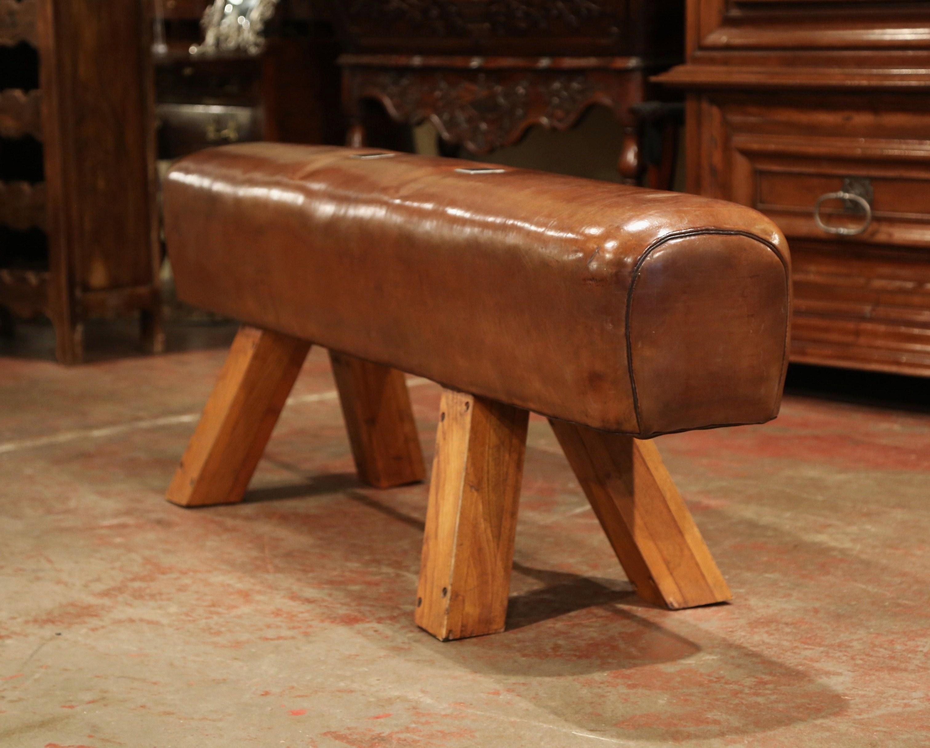 Early 20th Century Czech Pommel Horse Bench with Patinated Brown Leather 1