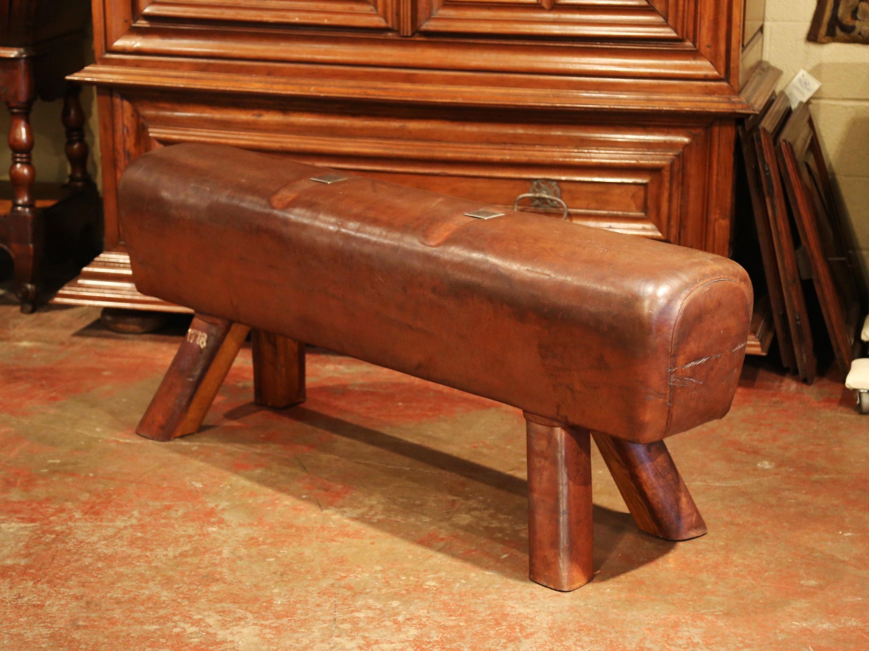 Early 20th Century Czech Pommel Horse Bench with Patinated Brown Leather 2