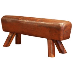 Early 20th Century Czech Pommel Horse Bench with Patinated Brown Leather
