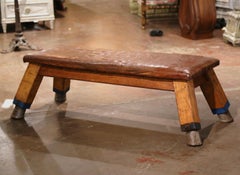 Early 20th Century Czech Leather and Pine Gym Bench with Metal Hoof Feet