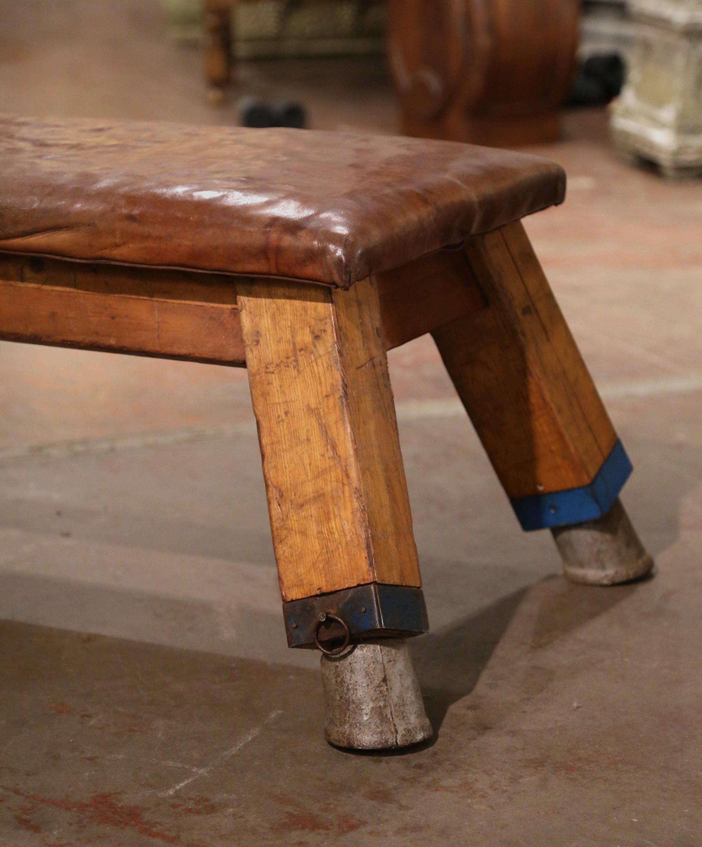 Hand-Carved Early 20th Century Czech Tan Leather Top Pine Four-Leg Workout Training Bench For Sale