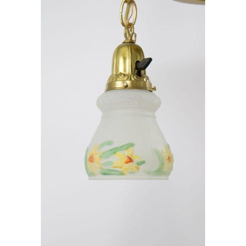American Early 20th Century Daffodil Glass and Brass Pendant Pan Light For Sale