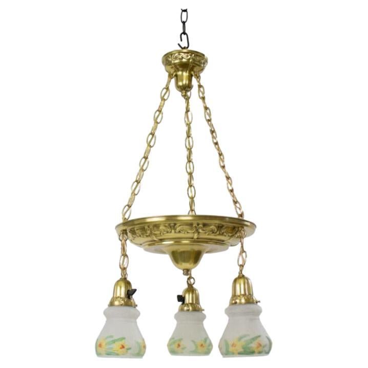 Early 20th Century Daffodil Glass and Brass Pendant Pan Light For Sale