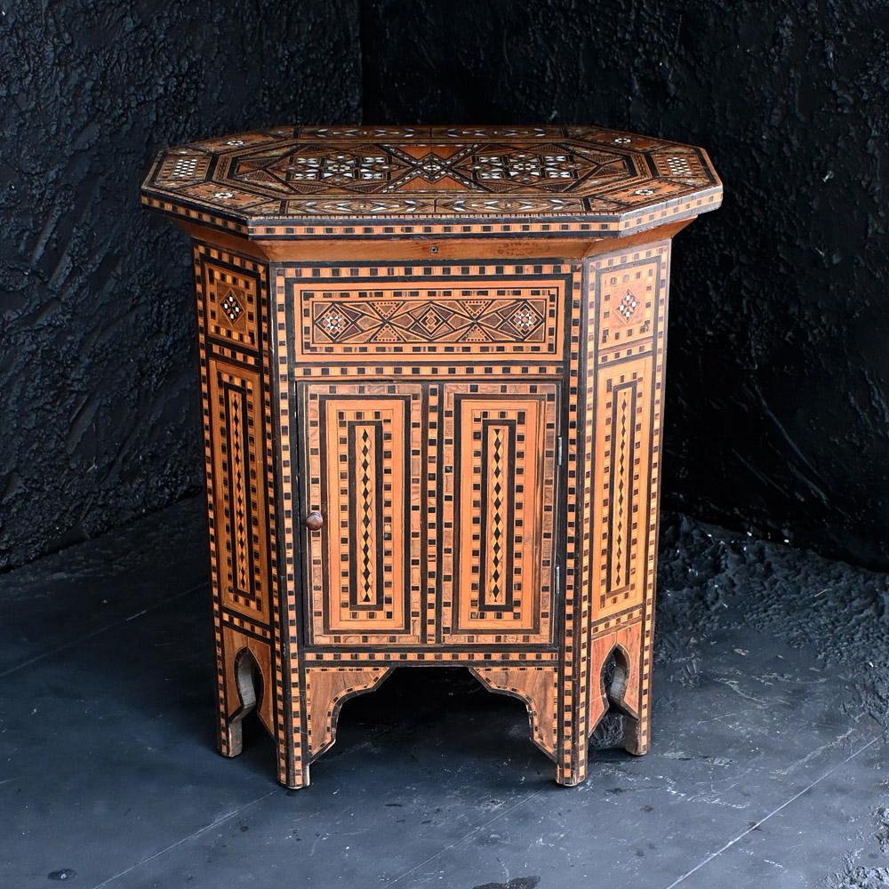 Early 20th Century Damascus Inlaid Cupboard / Side Table   
A very usual example of an early 20th Century Syrian Damascus side table. Usual because of its condition, lifting top section and opening draw compartment. A lovely shape and true interior