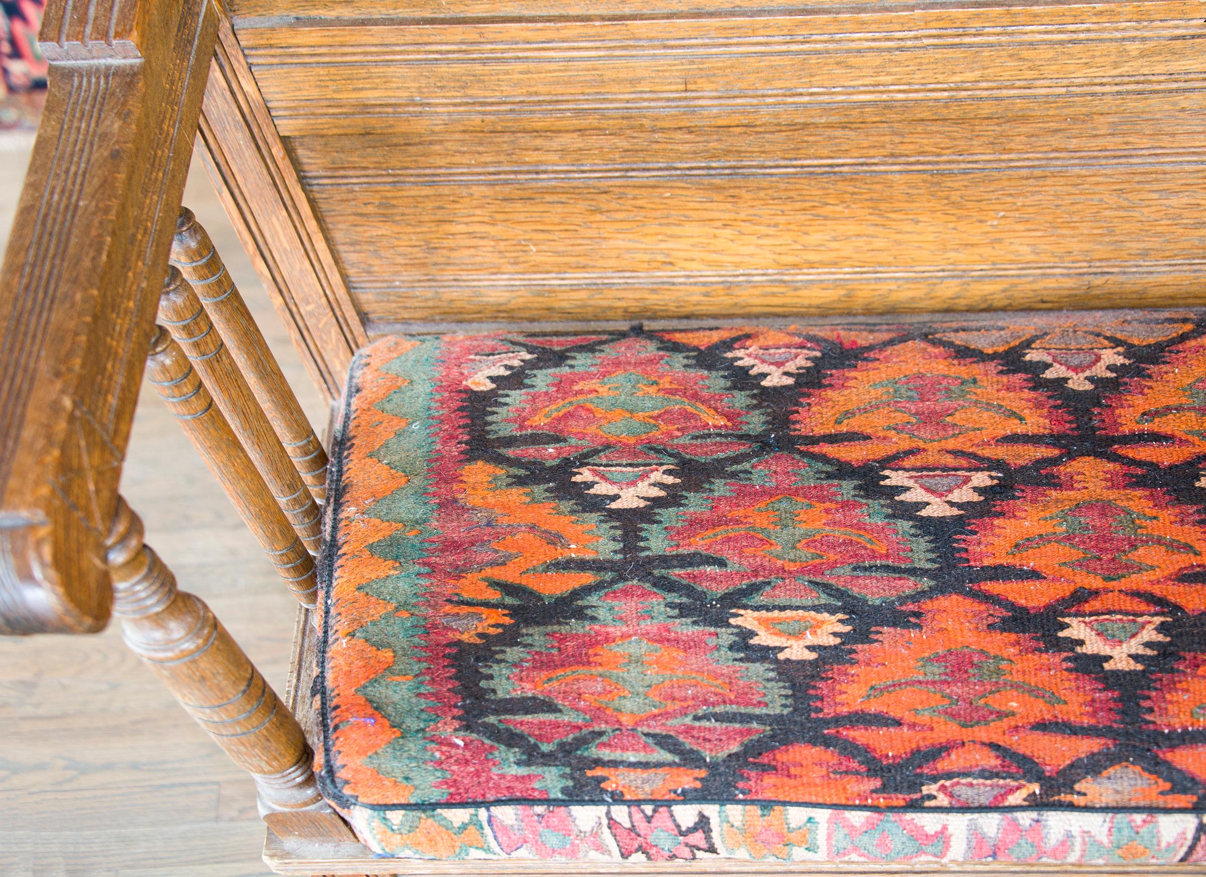 Early 20th Century Danish Bench with Kilim Upholstered Cushion  For Sale 5