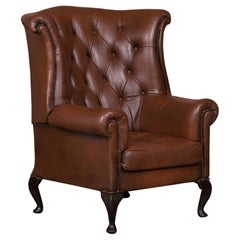 Antique Early 20th Century Danish Brown Leather Wing Back Chair