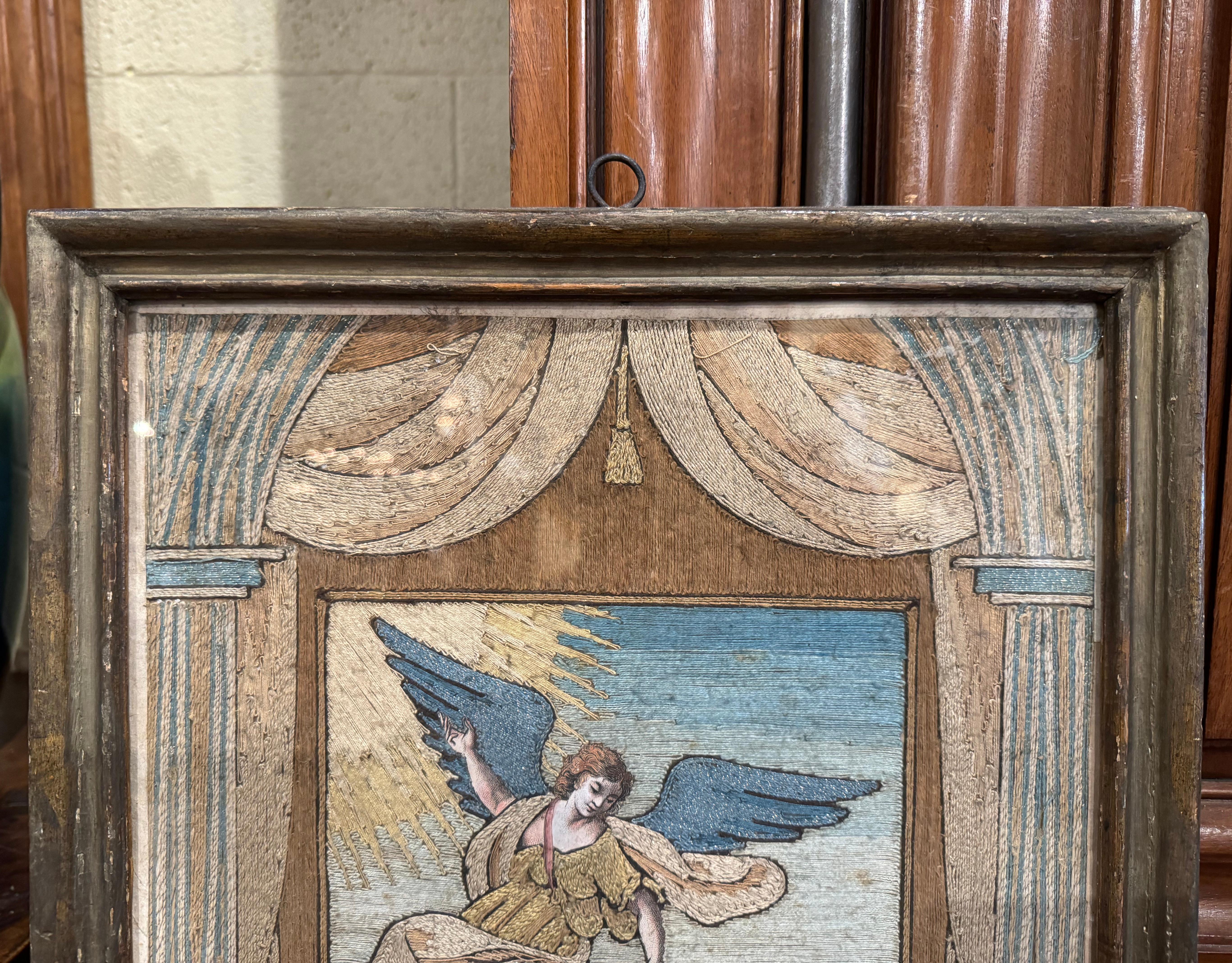 Early 20th Century Danish Framed Angel Needlepoint with Gilt Thread For Sale 1