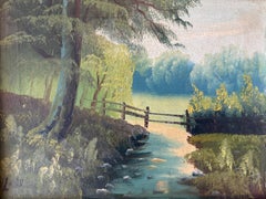 Dänisches Landschaftsgemälde in Öl aus dem frühen 20. Jahrhundert mit Fußgängerbrücke