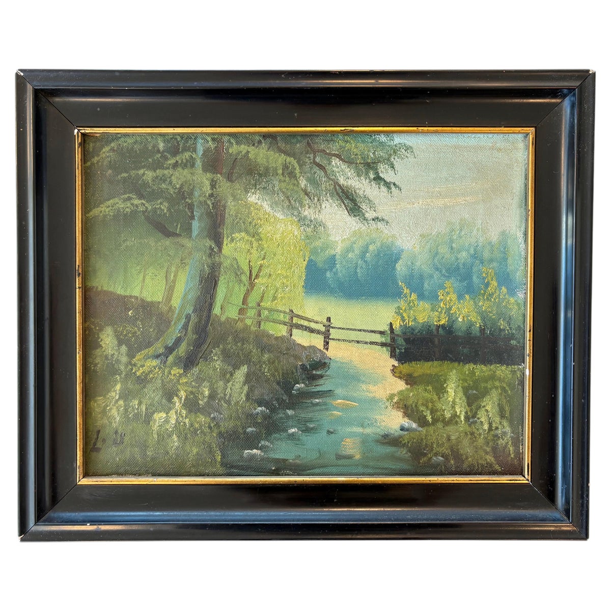Early 20th Century Danish Landscape Oil Painting with Footbridge