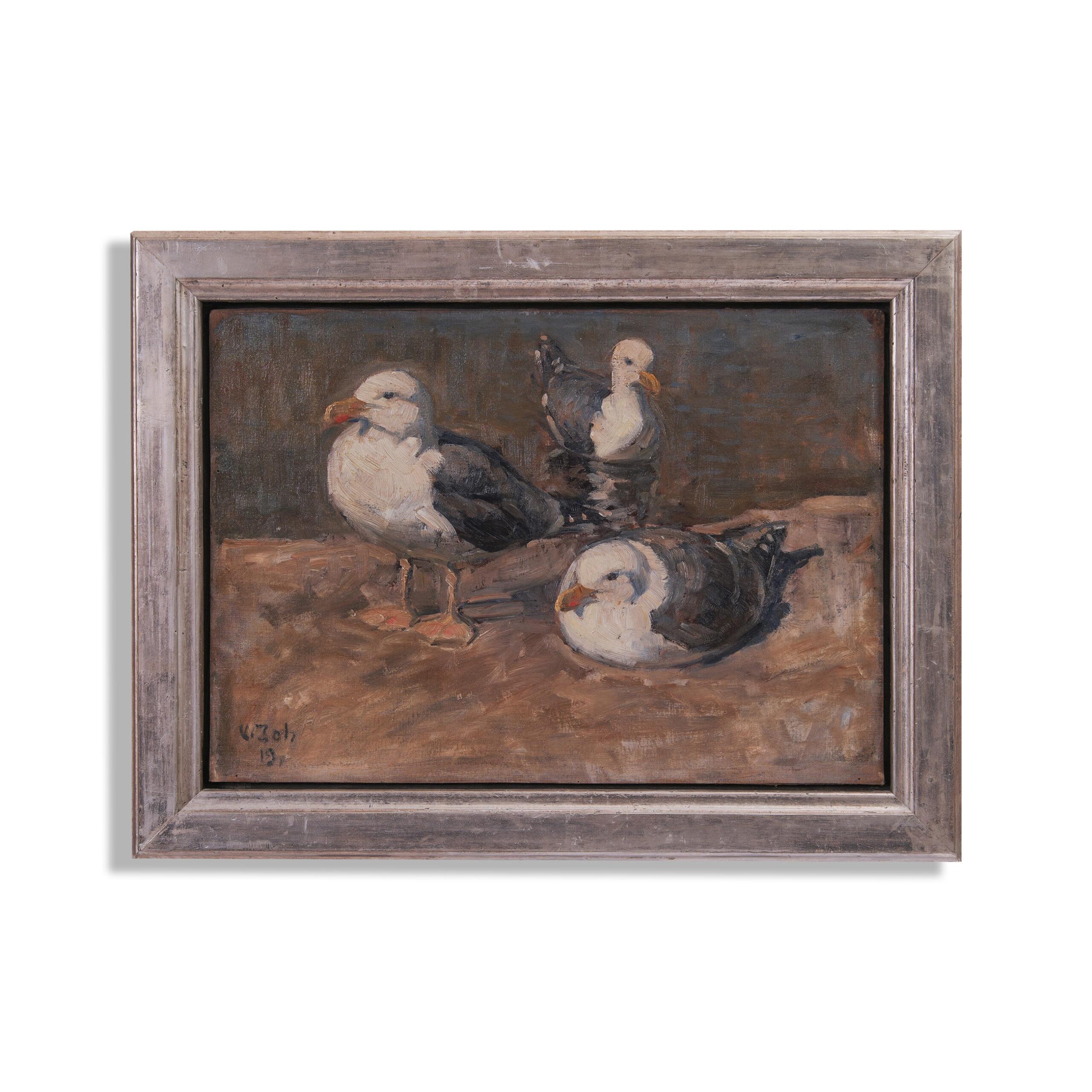 Début du 20ème siècle Début du 20e siècle Peinture à l'huile danoise 3 mouettes Viggo Johansen 1919 en vente