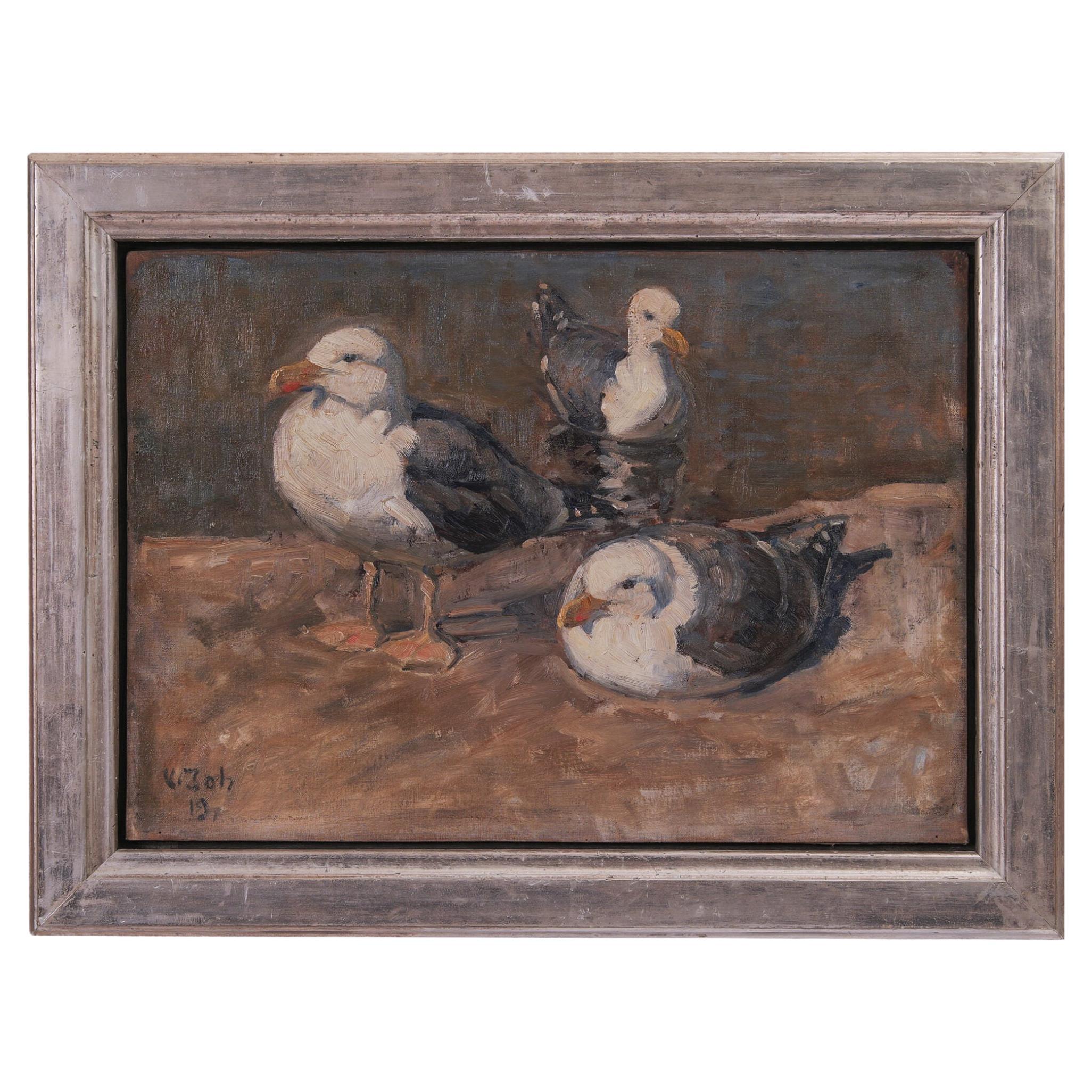 Début du 20e siècle Peinture à l'huile danoise 3 mouettes Viggo Johansen 1919 en vente