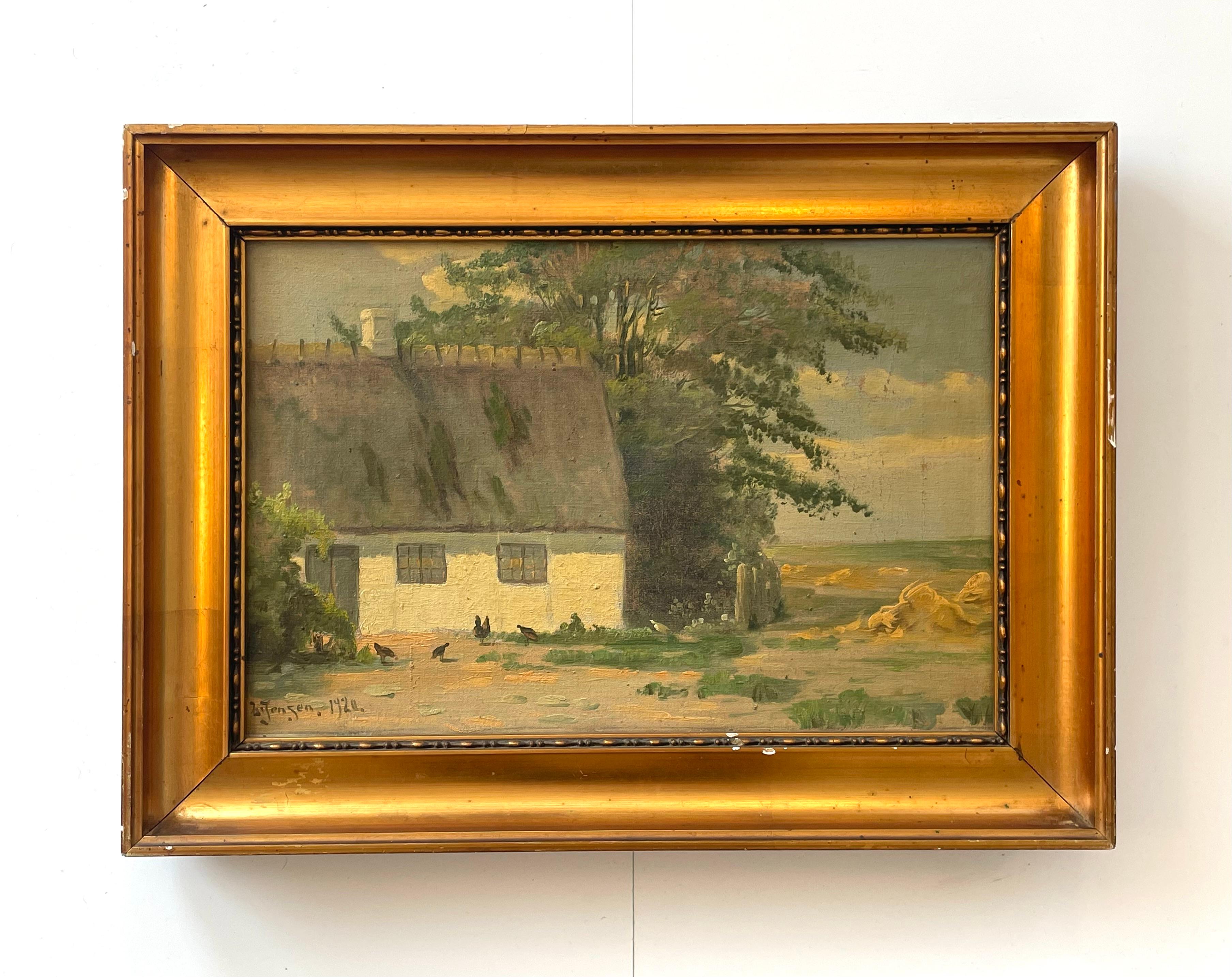 Early 20th century Danish oil painting of countryside farmhouse with hens For Sale 3