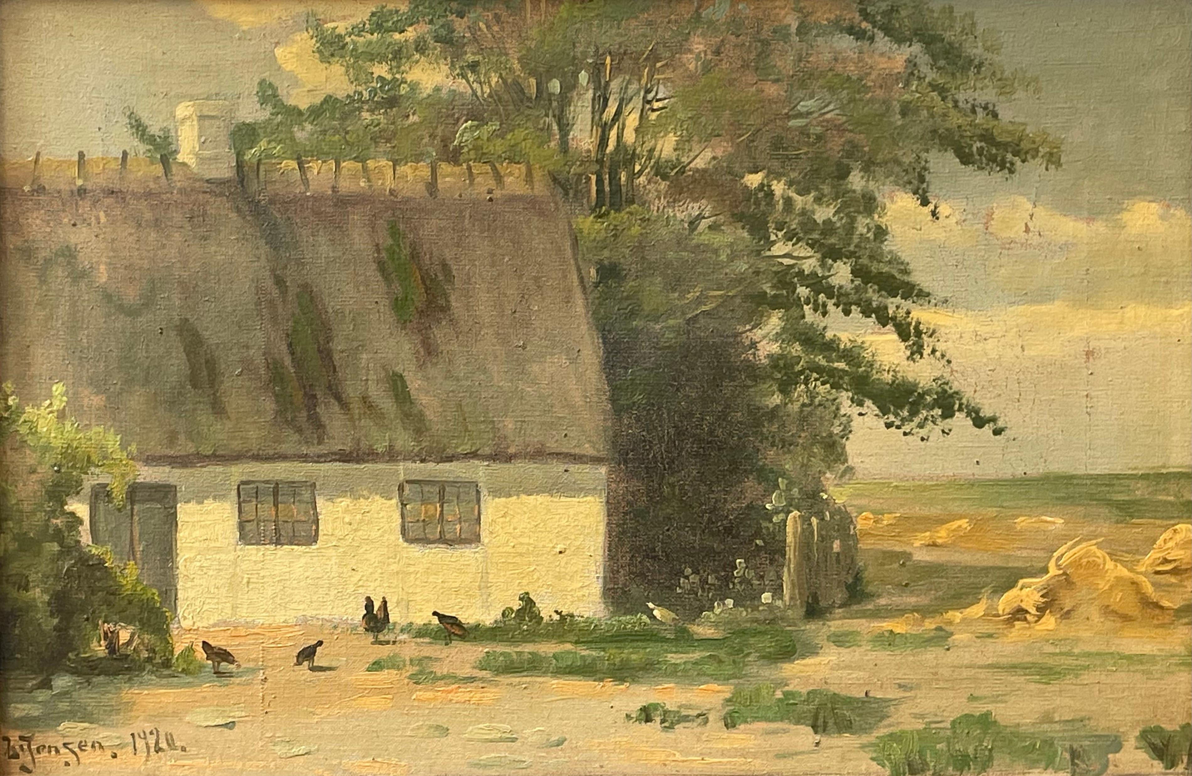 This is an antique early 20th century oil on canvas painting with a beautiful farmhouse motive and great painting technique. Small hens are picking seeds outside and the horizon is seen through the landscape view to the right.

It is made by artist