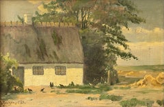 Early 20th century Danish oil painting of countryside farmhouse with hens