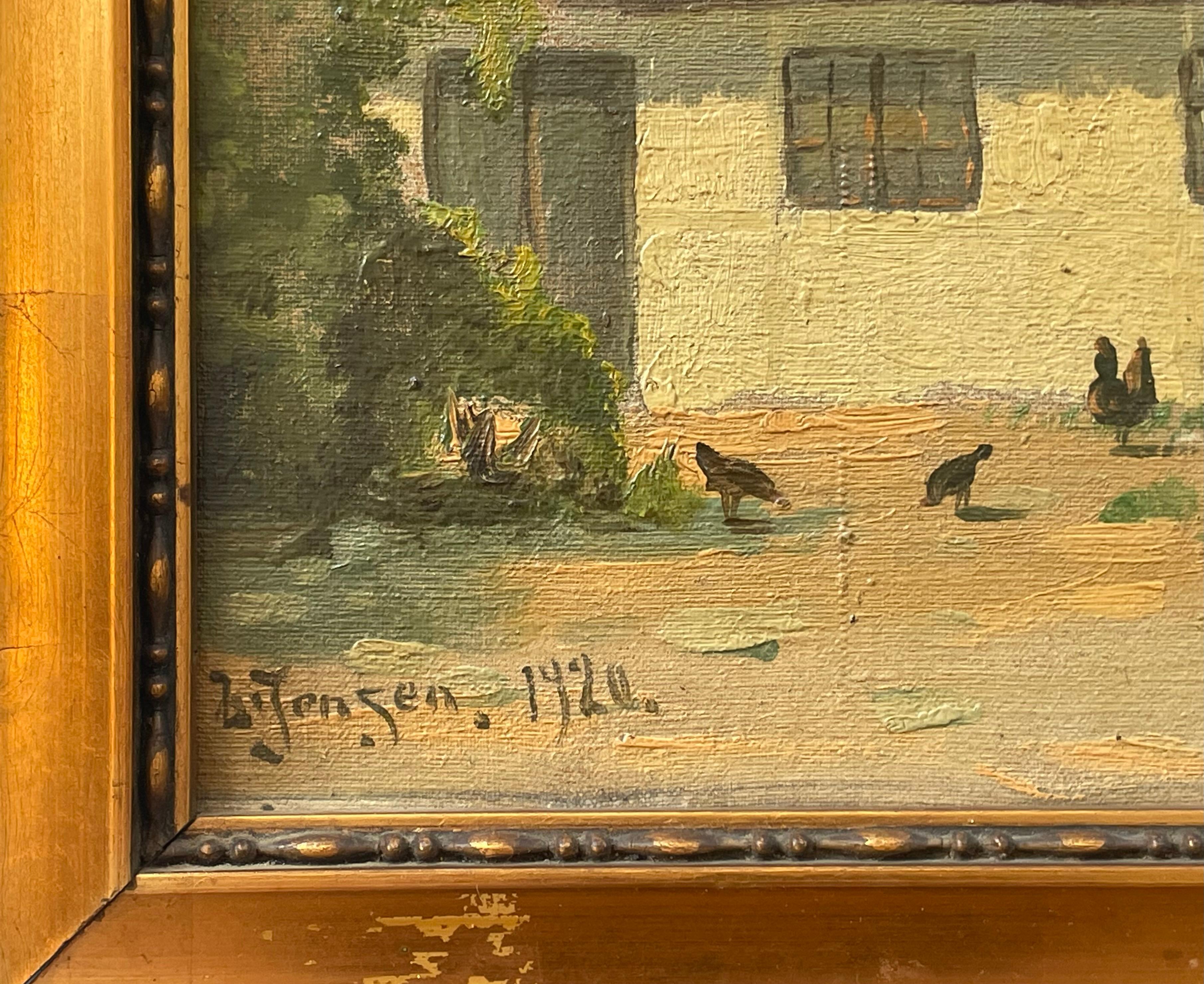 Romantic Early 20th century Danish oil painting of countryside farmhouse with hens For Sale