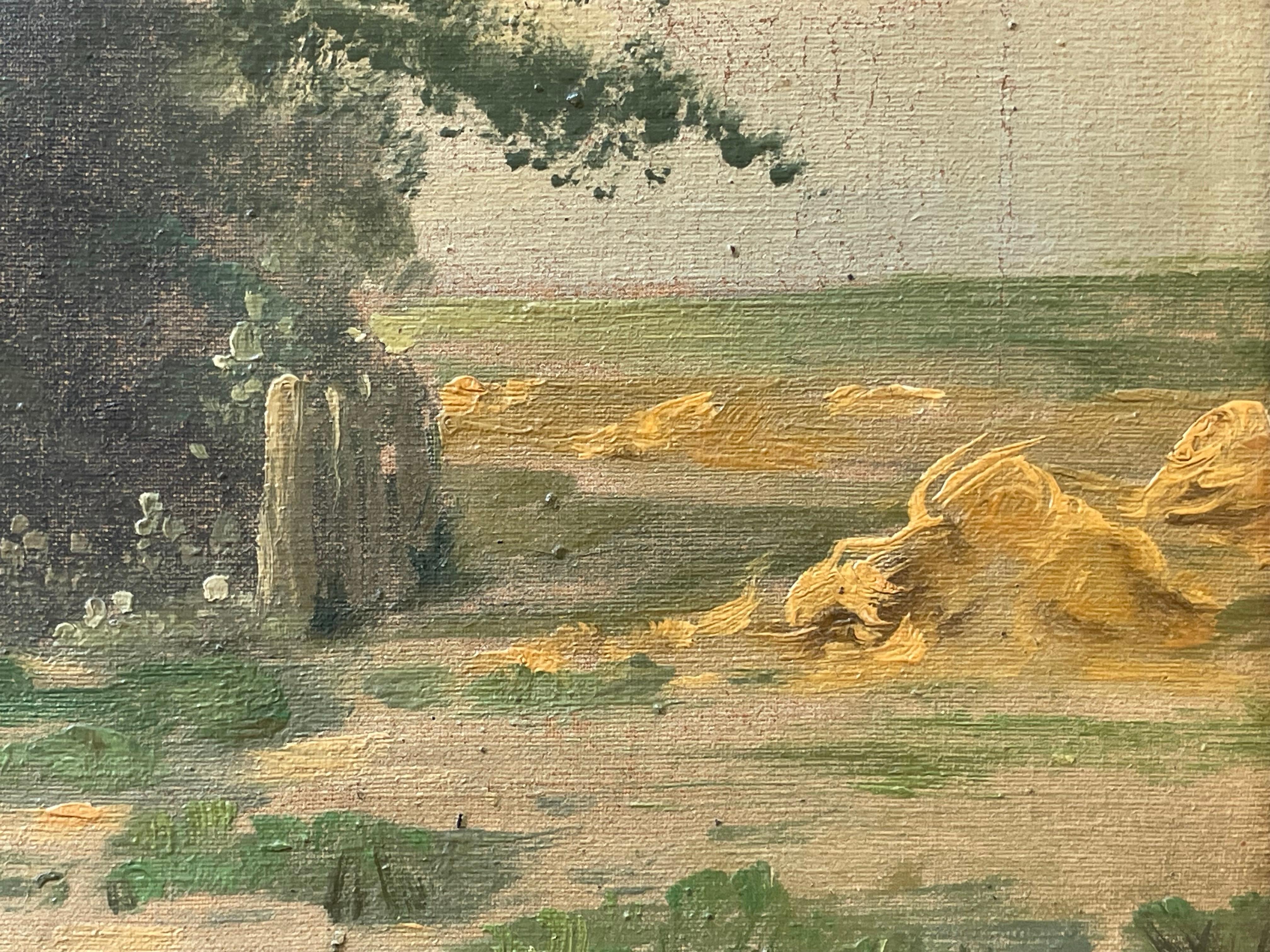 Painted Early 20th century Danish oil painting of countryside farmhouse with hens For Sale