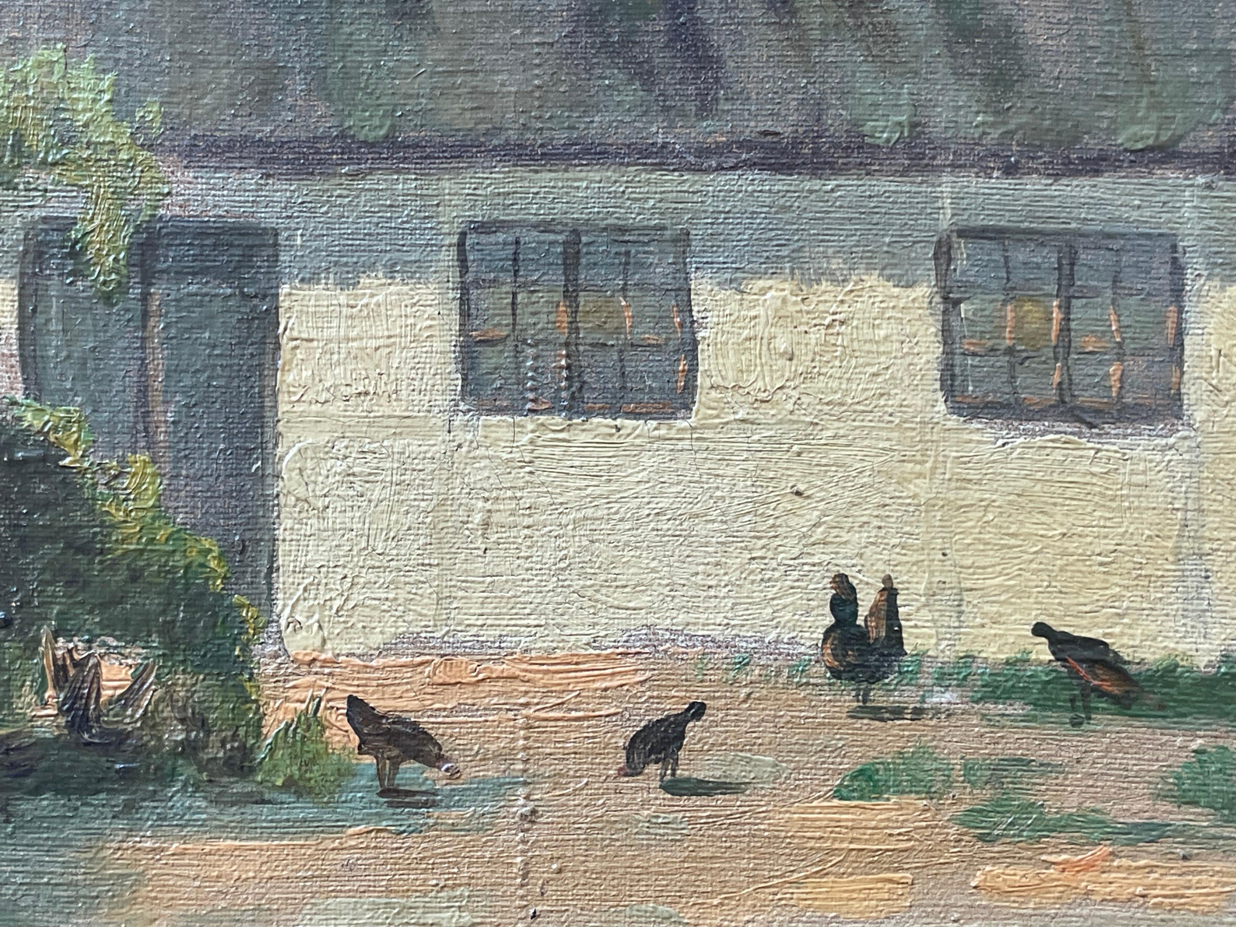 20th Century Early 20th century Danish oil painting of countryside farmhouse with hens For Sale