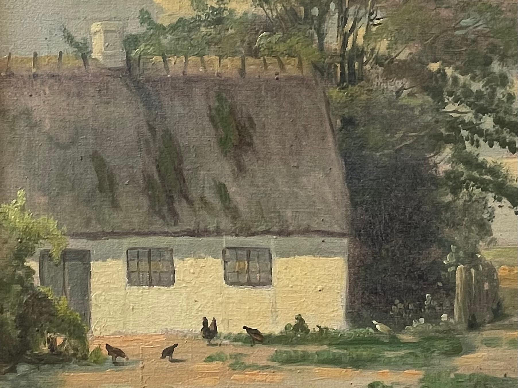 Paint Early 20th century Danish oil painting of countryside farmhouse with hens For Sale