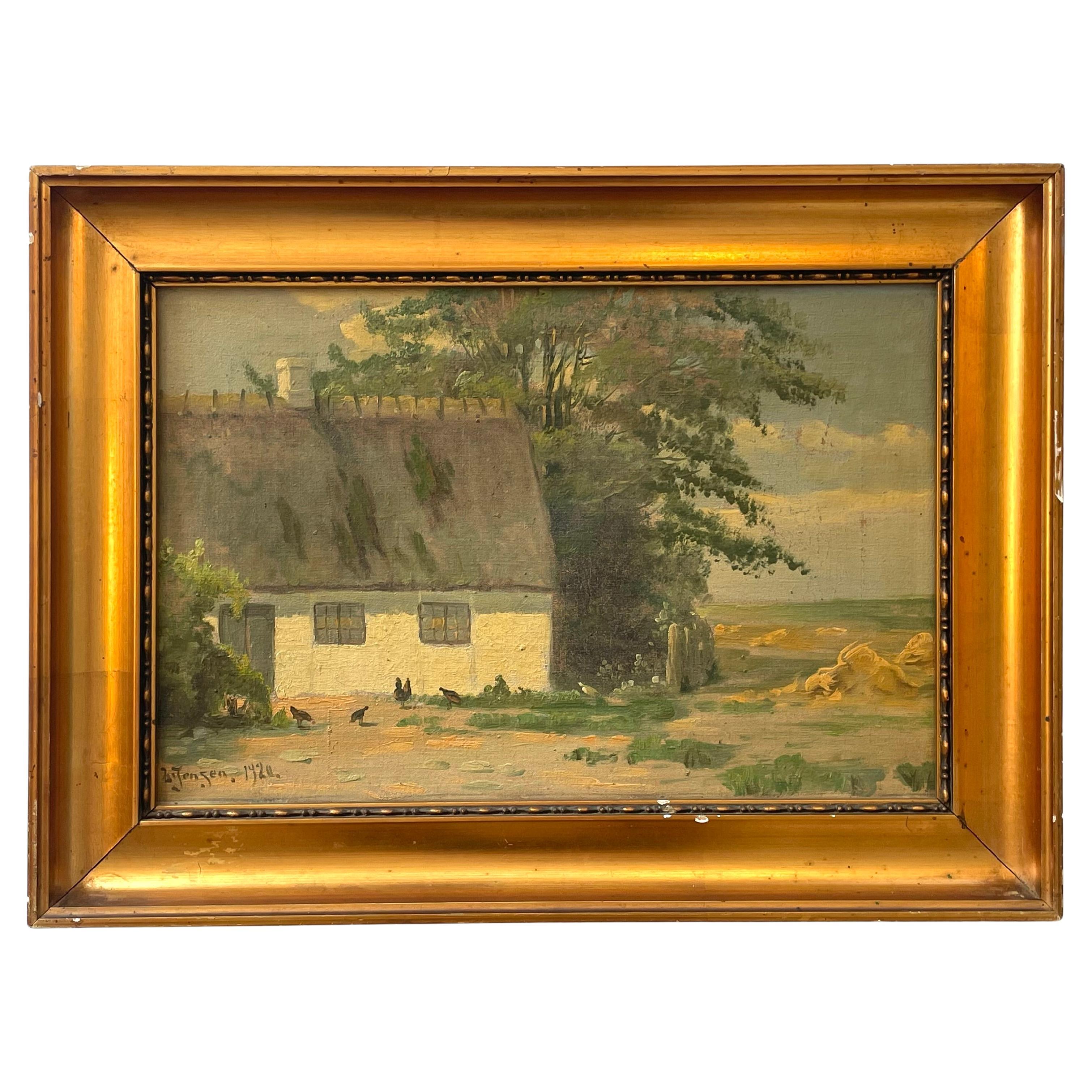 Early 20th century Danish oil painting of countryside farmhouse with hens