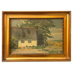 Early 20th century Danish oil painting of countryside farmhouse with hens
