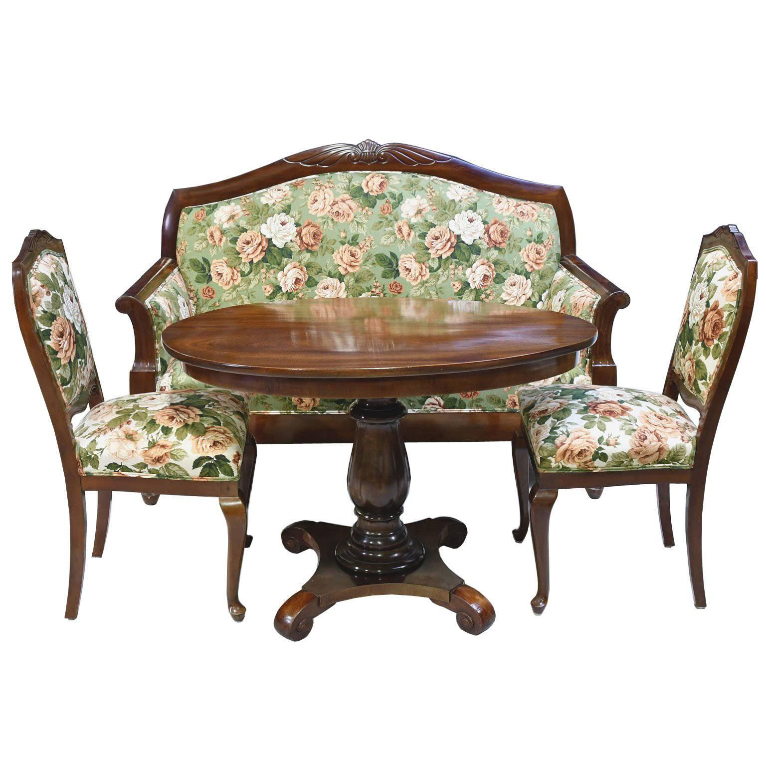 Early 20th Century Danish Parlor Suite with Sofa, Pair of Chairs and Oval Table
