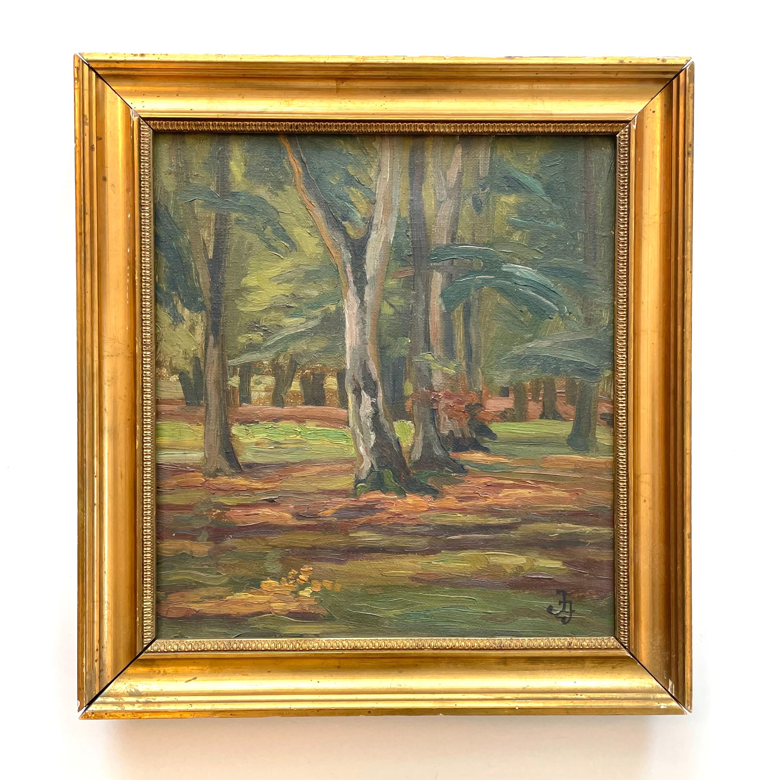 Antique early 20th century oil on canvas painting with a captivating landscape forest motive made with broad brushstrokes and warm colours.

It is signed “JJ” by the artist in the lower right corner and has handwritten details on the back as well: