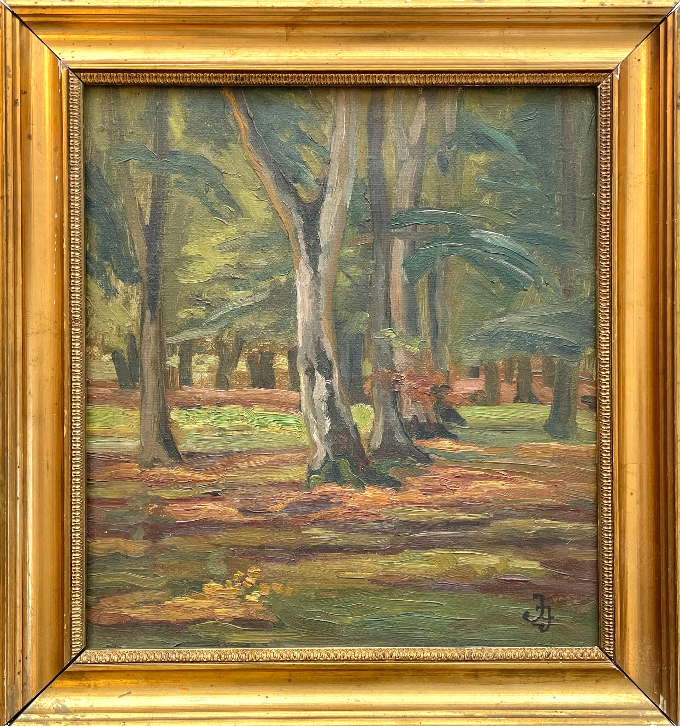 Romantic Early 20th century Danish signed oil painting of forest landscape For Sale