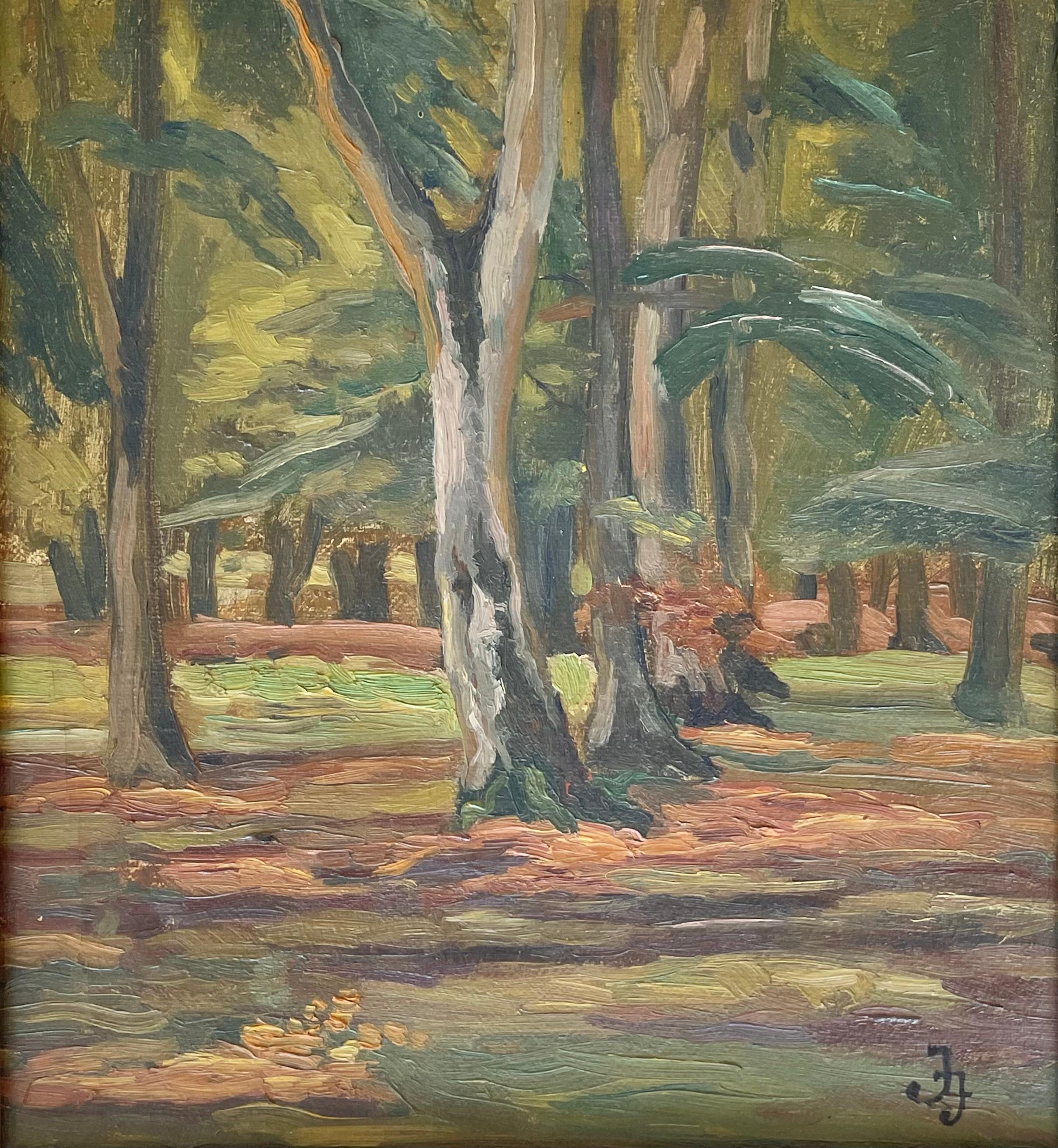 Painted Early 20th century Danish signed oil painting of forest landscape For Sale